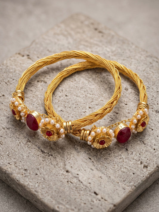 Golde, redn and Whie-Orya Jewellery Bangle Set-Ruby Red B16