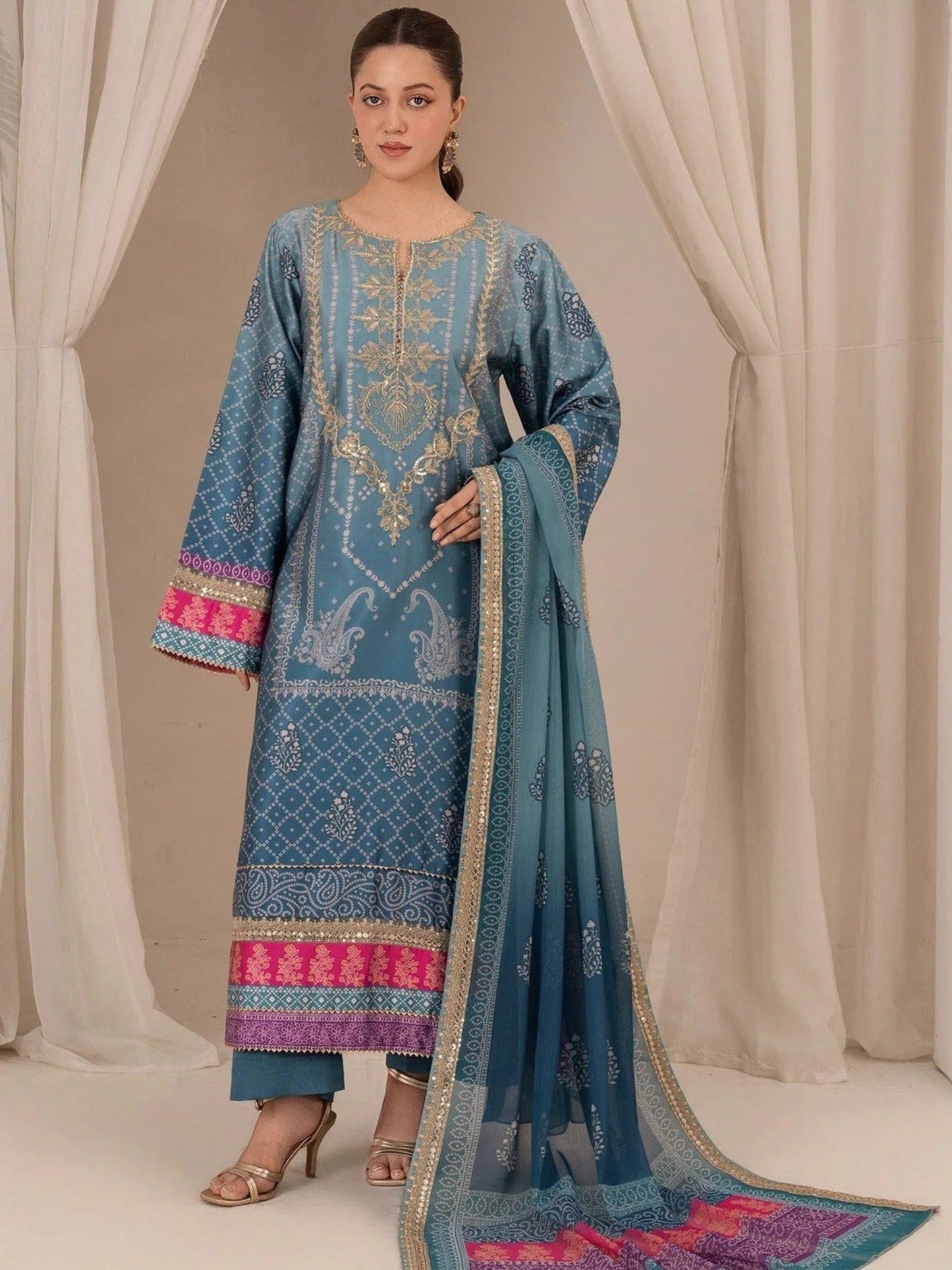 Blue-Chandan Nagri Silk Embroidered Stitched 3-Piece Suit-Rüya