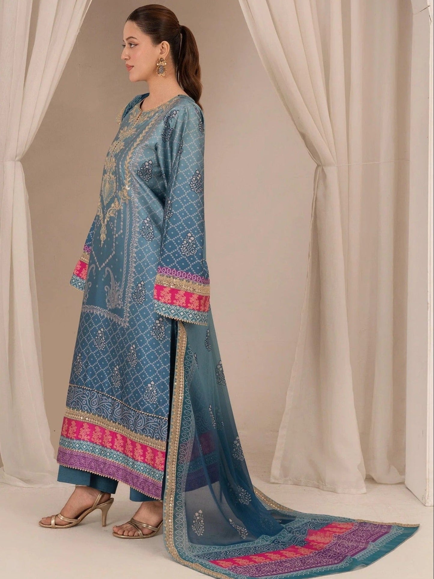 Blue-Chandan Nagri Silk Embroidered Stitched 3-Piece Suit-Rüya