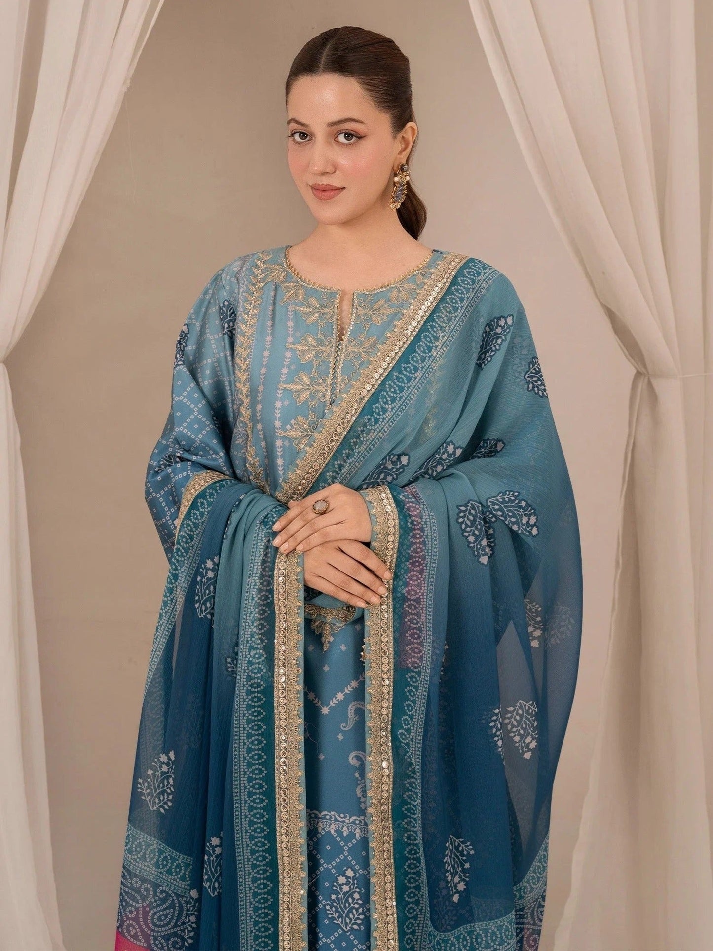 Blue-Chandan Nagri Silk Embroidered Stitched 3-Piece Suit-Rüya