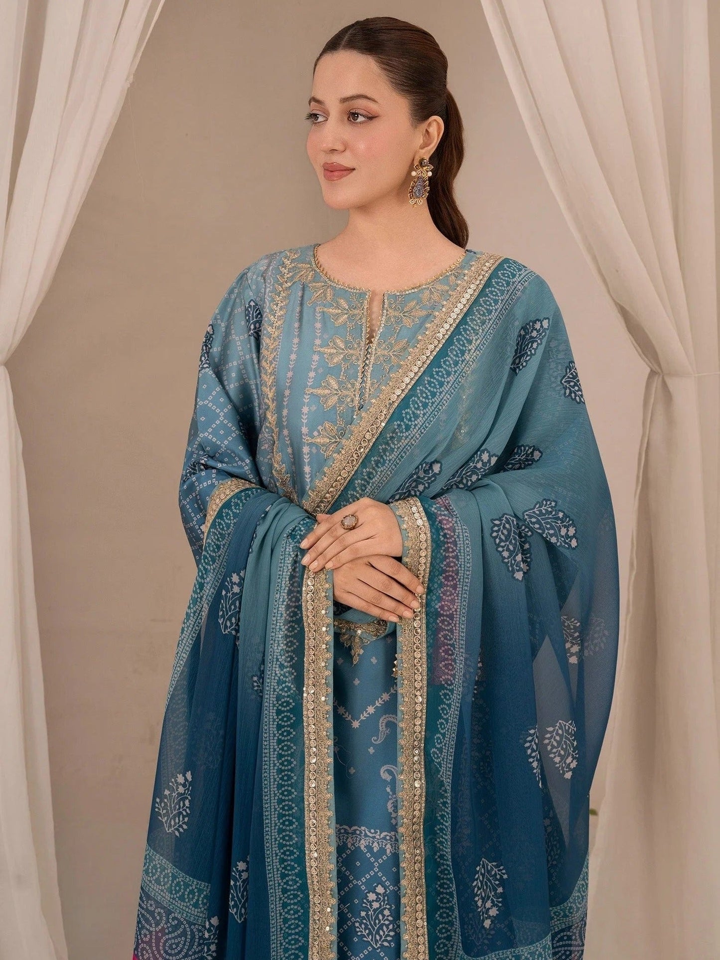 Blue-Chandan Nagri Silk Embroidered Stitched 3-Piece Suit-Rüya