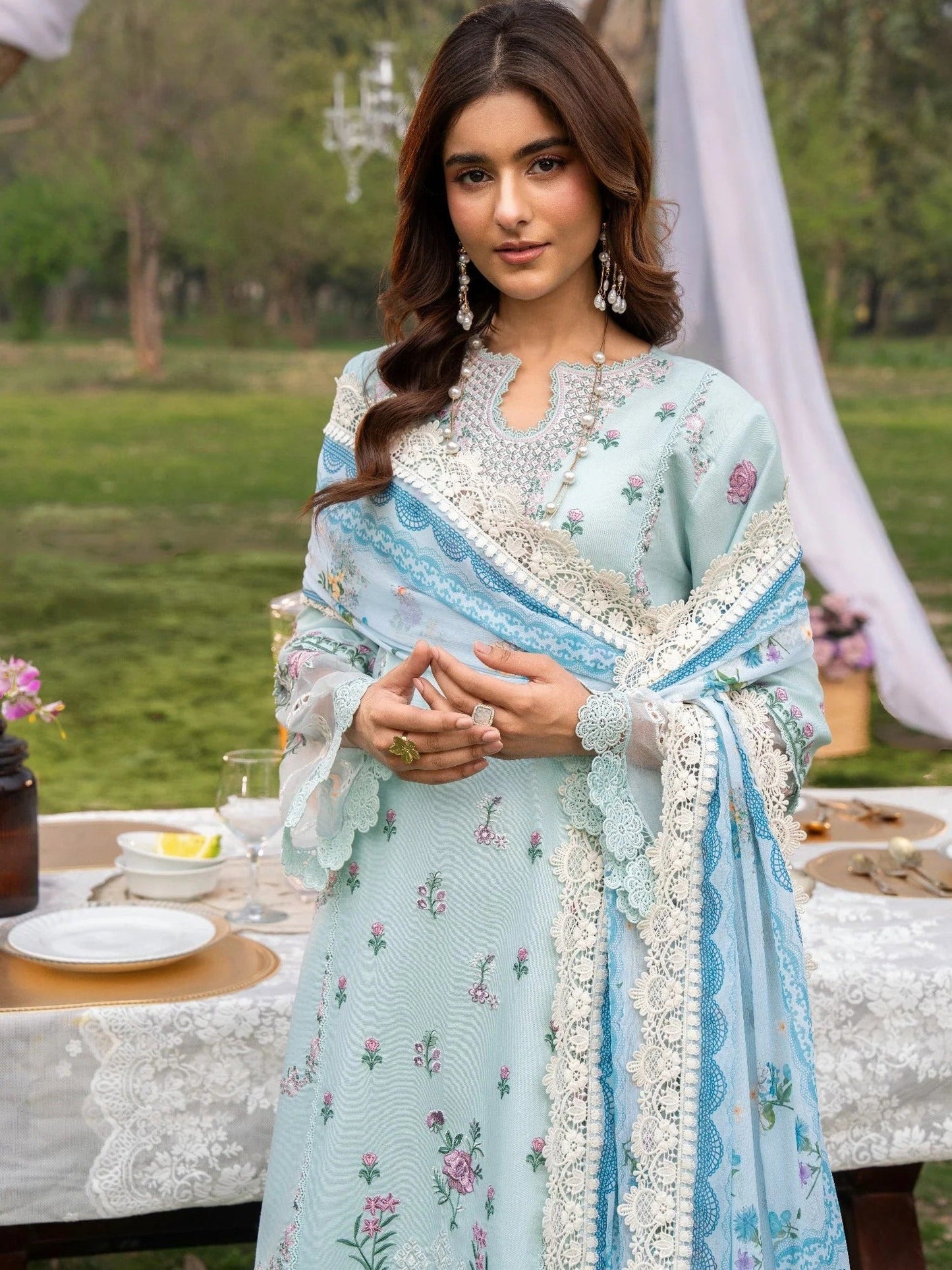 Blue-Chandan Nagri Lawn Embroidered Stitched 3-Piece Suit-Azaria