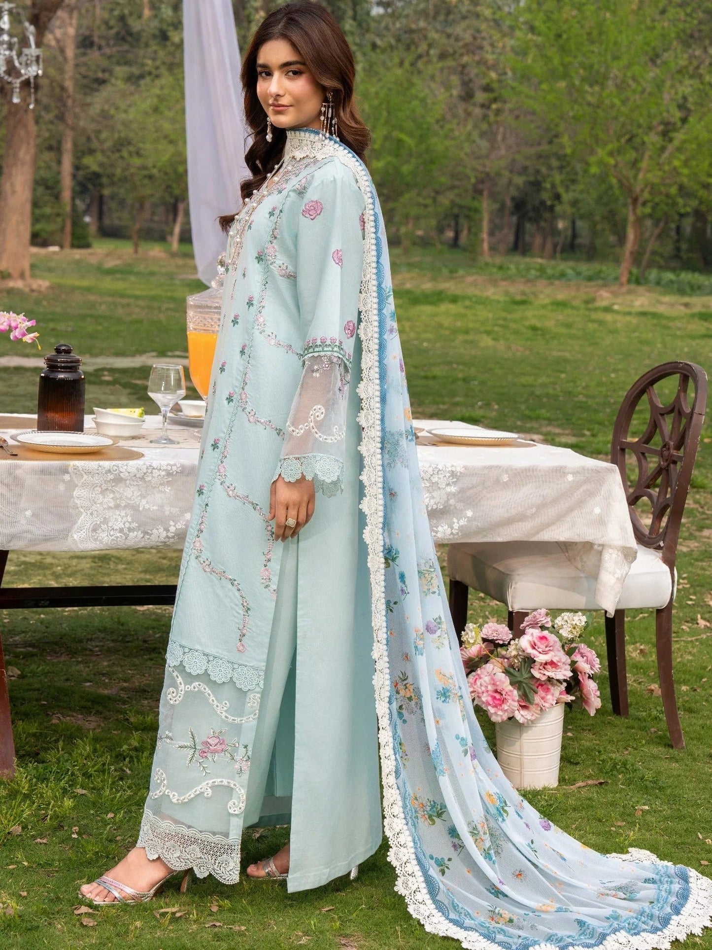 Blue-Chandan Nagri Lawn Embroidered Stitched 3-Piece Suit-Azaria