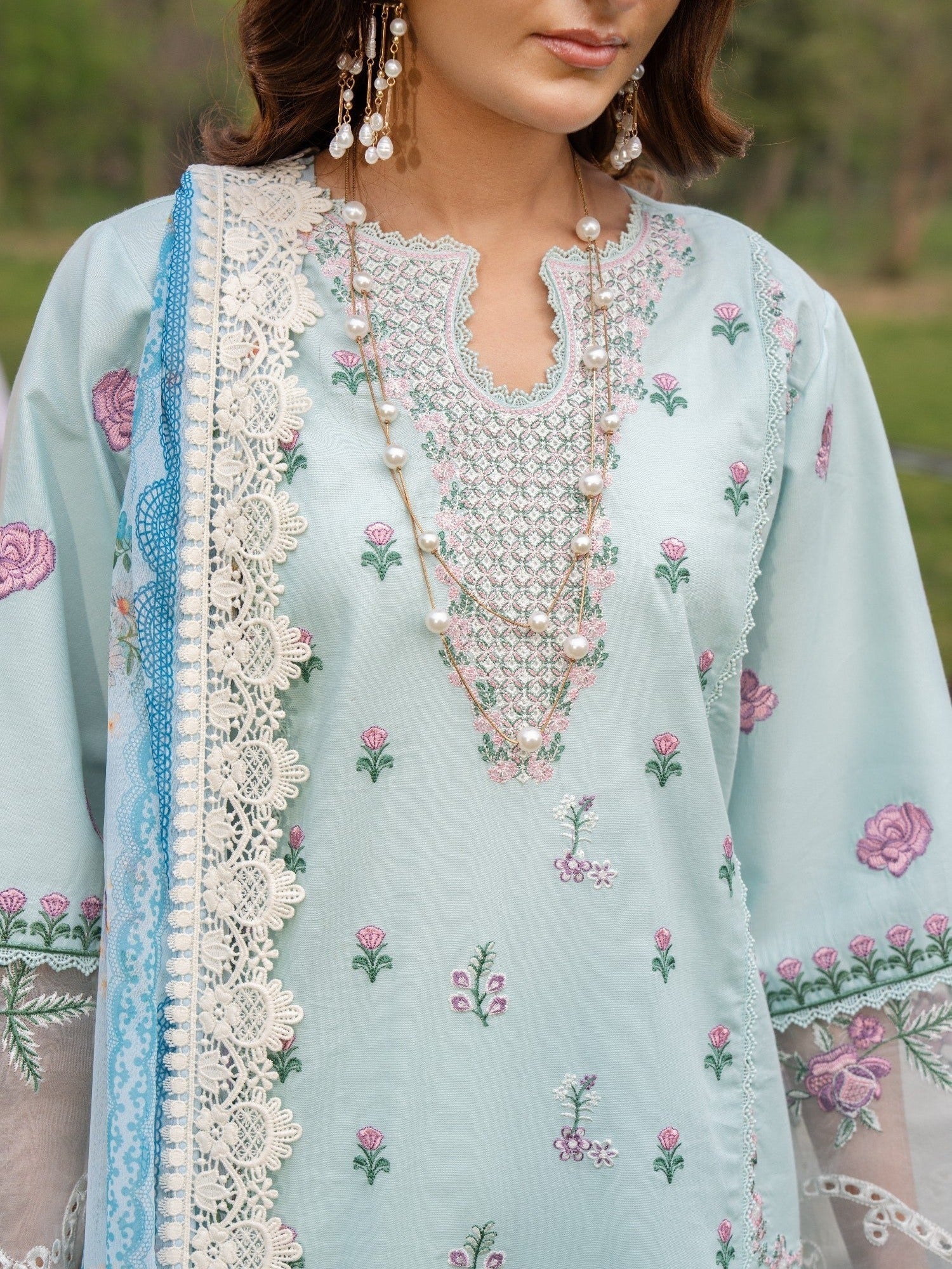 Blue-Chandan Nagri Lawn Embroidered Stitched 3-Piece Suit-Azaria