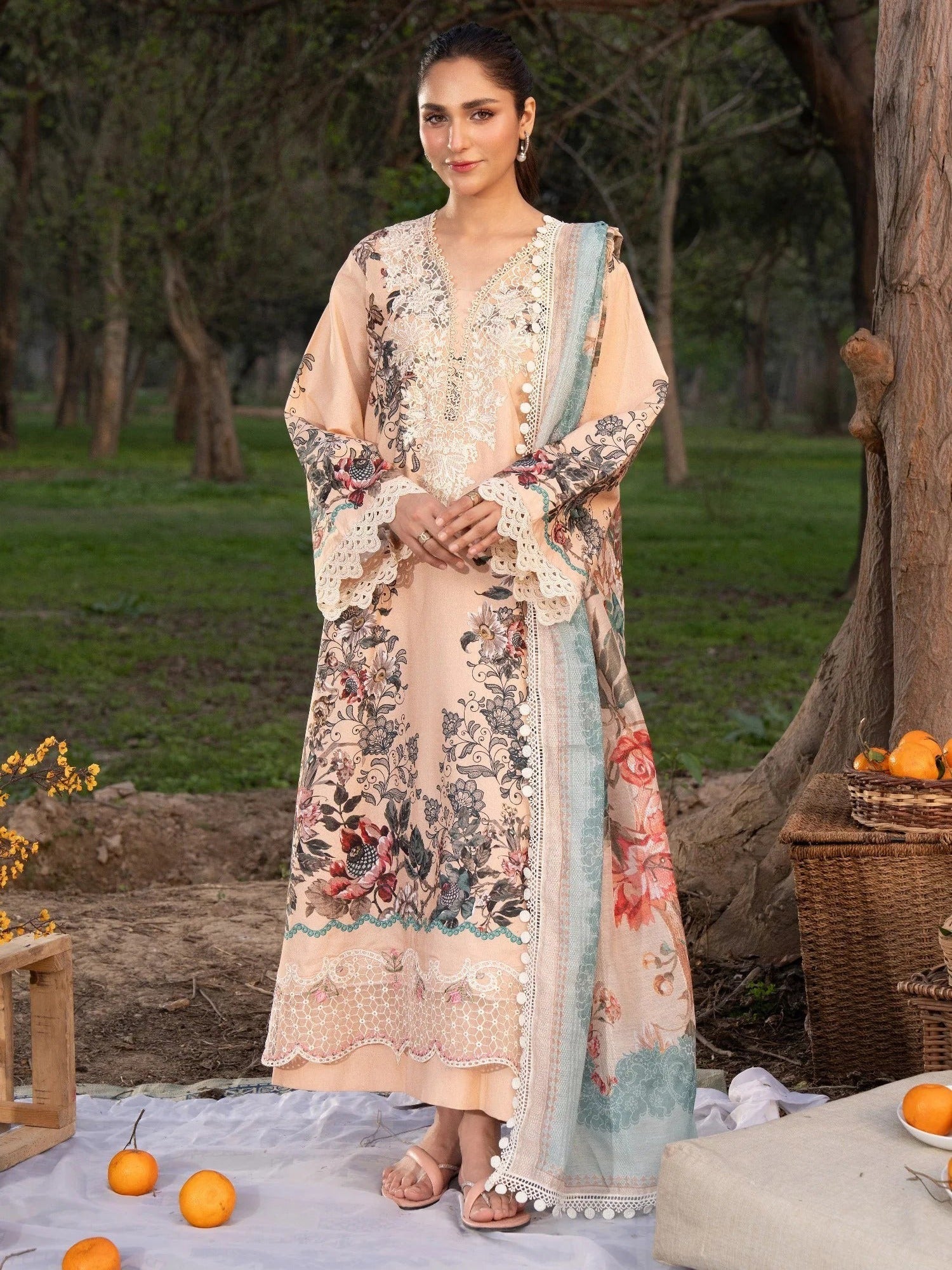 Peach-Chandan Nagri Lawn Embroidered Stitched 3-Piece Suit-Tao Rao