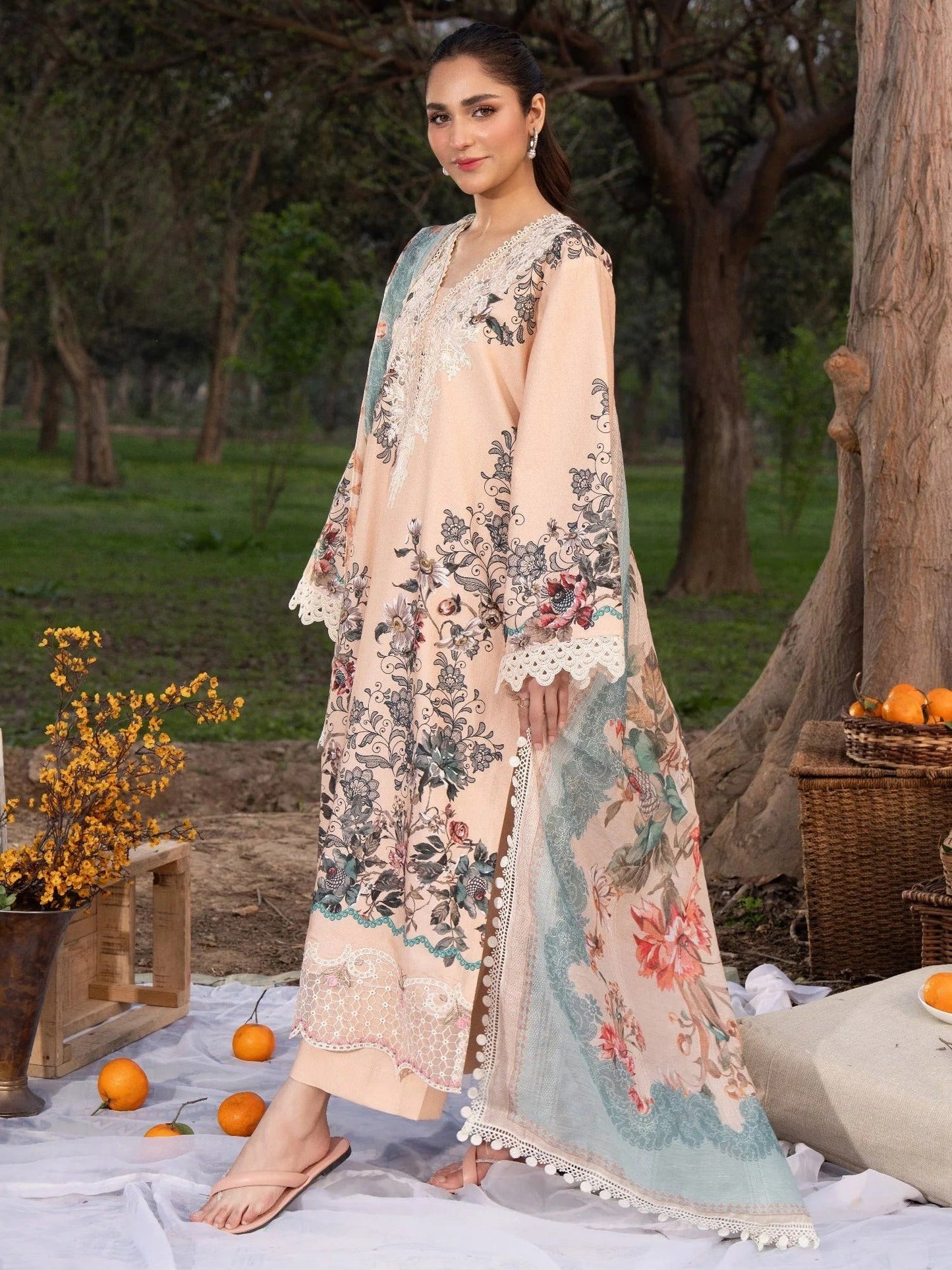 Peach-Chandan Nagri Lawn Embroidered Stitched 3-Piece Suit-Tao Rao