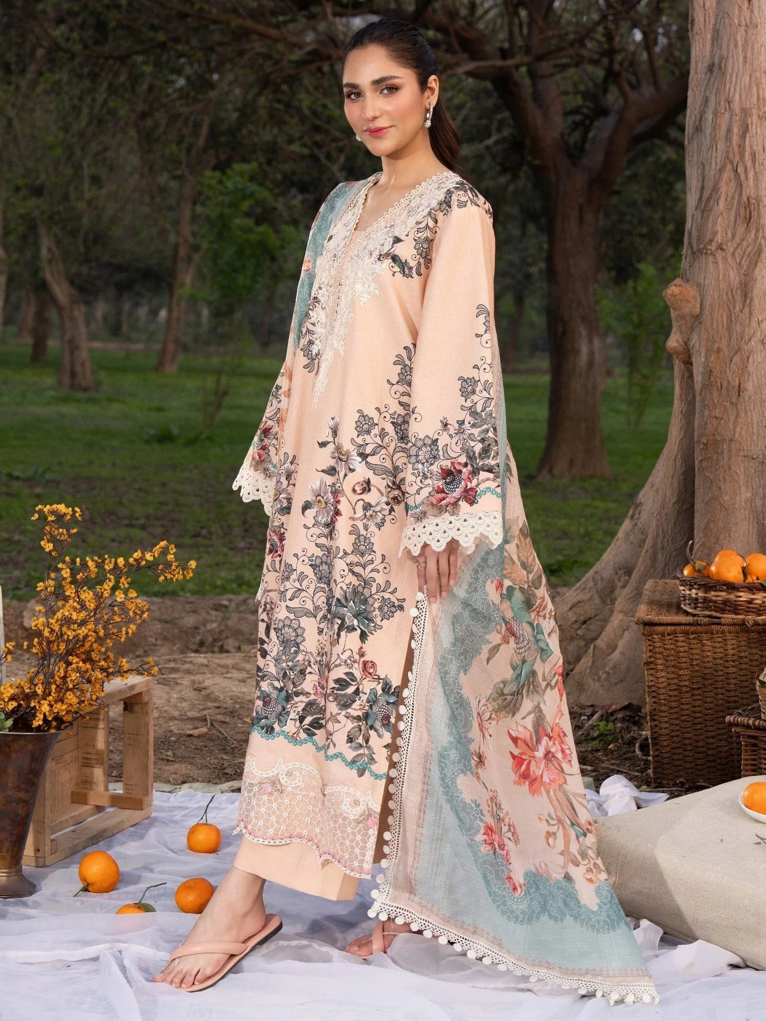 Peach-Chandan Nagri Lawn Embroidered Stitched 3-Piece Suit-Tao Rao