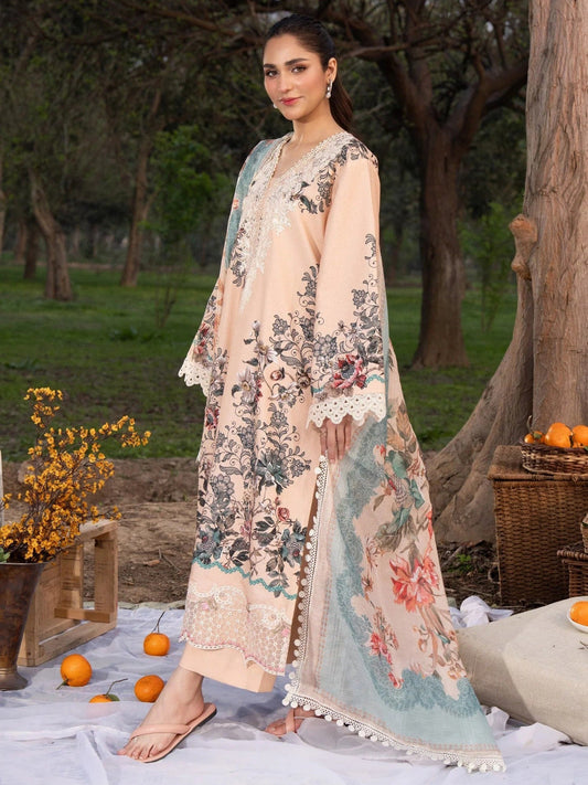 Peach-Chandan Nagri Lawn Embroidered Stitched 3-Piece Suit-Tao Rao