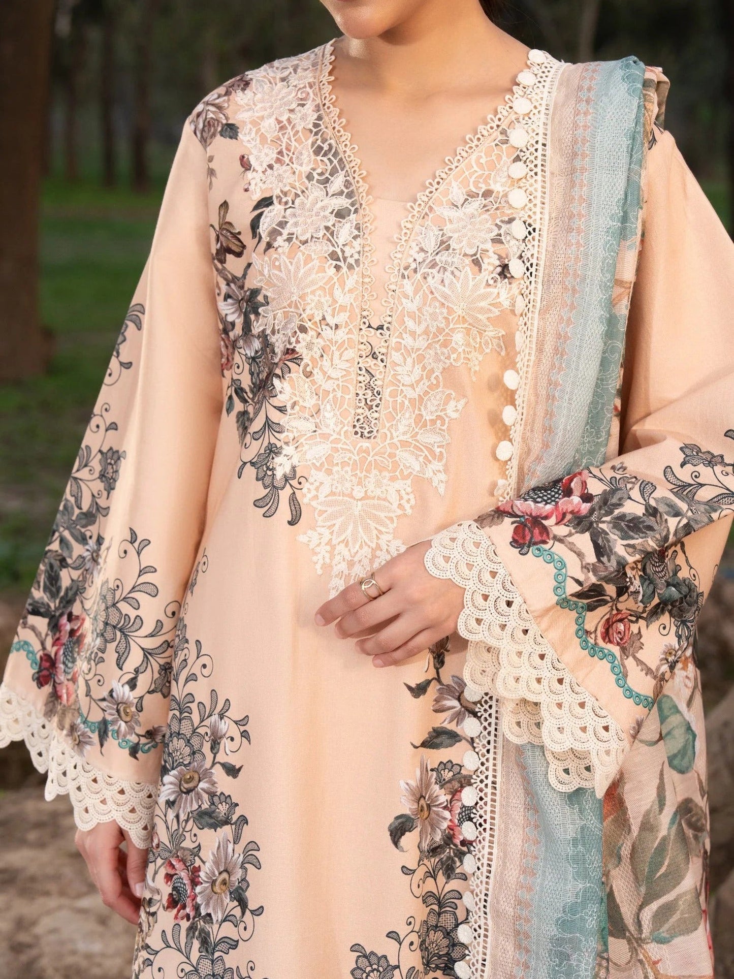 Peach-Chandan Nagri Lawn Embroidered Stitched 3-Piece Suit-Tao Rao