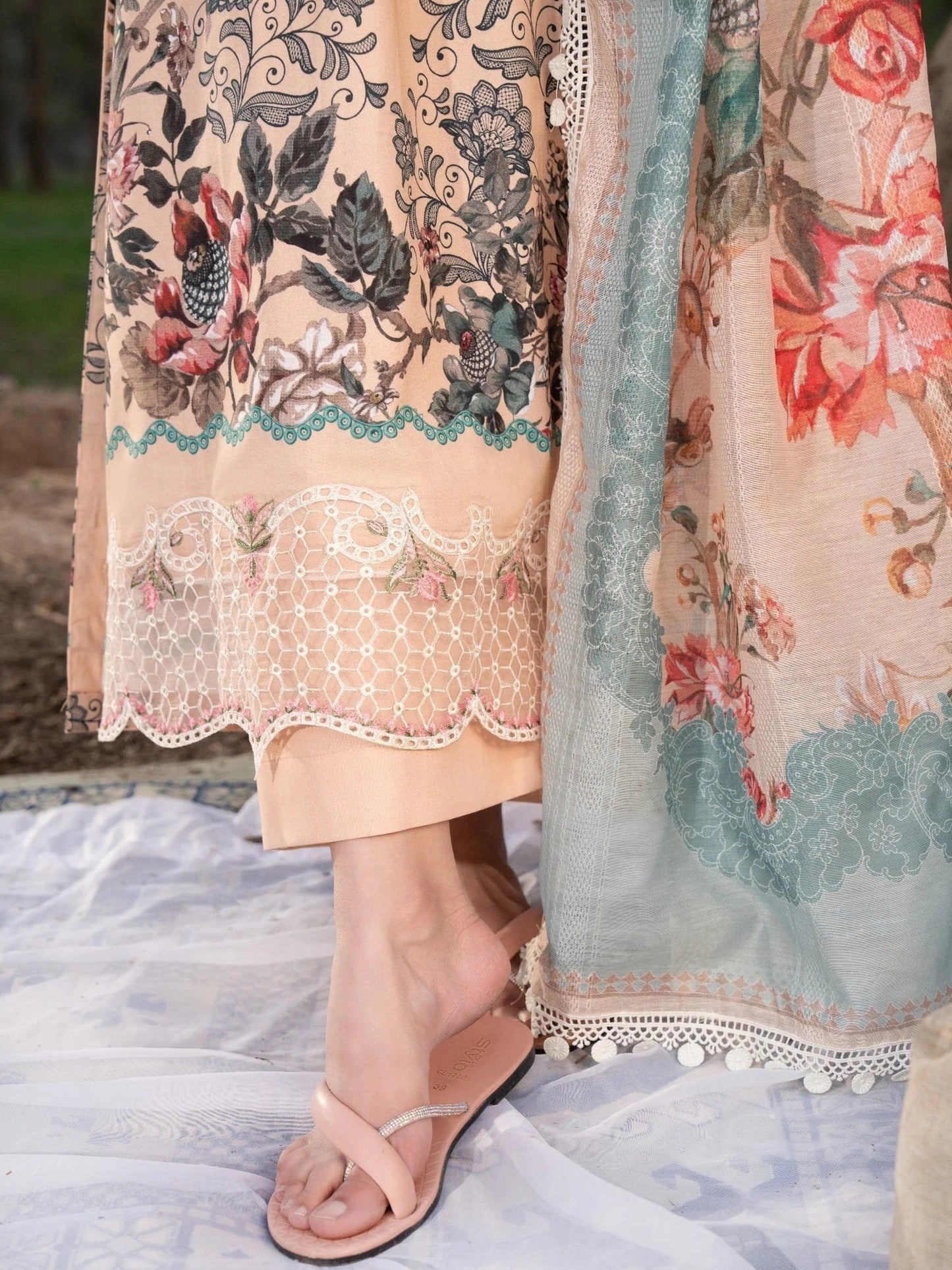 Peach-Chandan Nagri Lawn Embroidered Stitched 3-Piece Suit-Tao Rao
