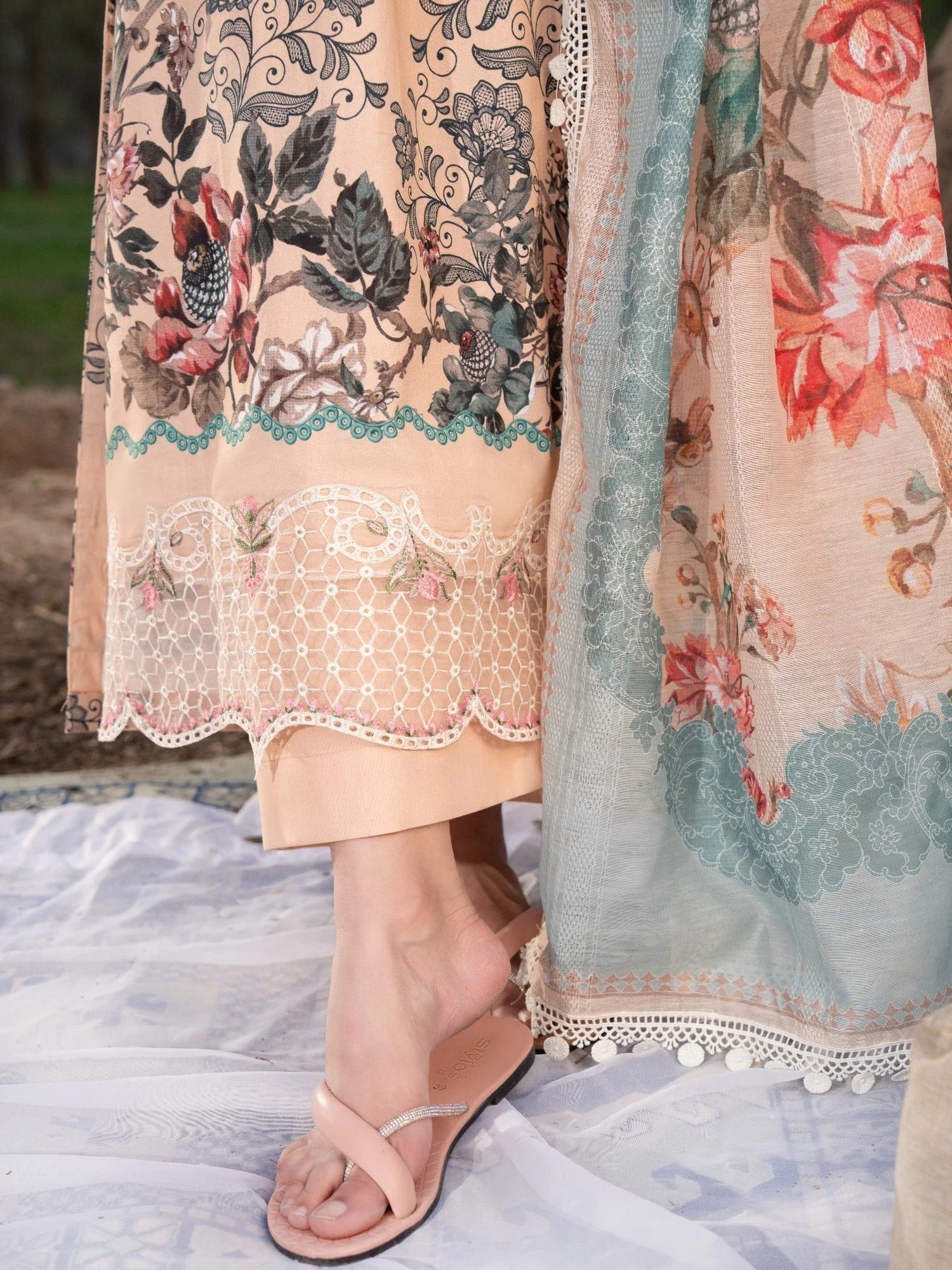Peach-Chandan Nagri Lawn Embroidered Stitched 3-Piece Suit-Tao Rao