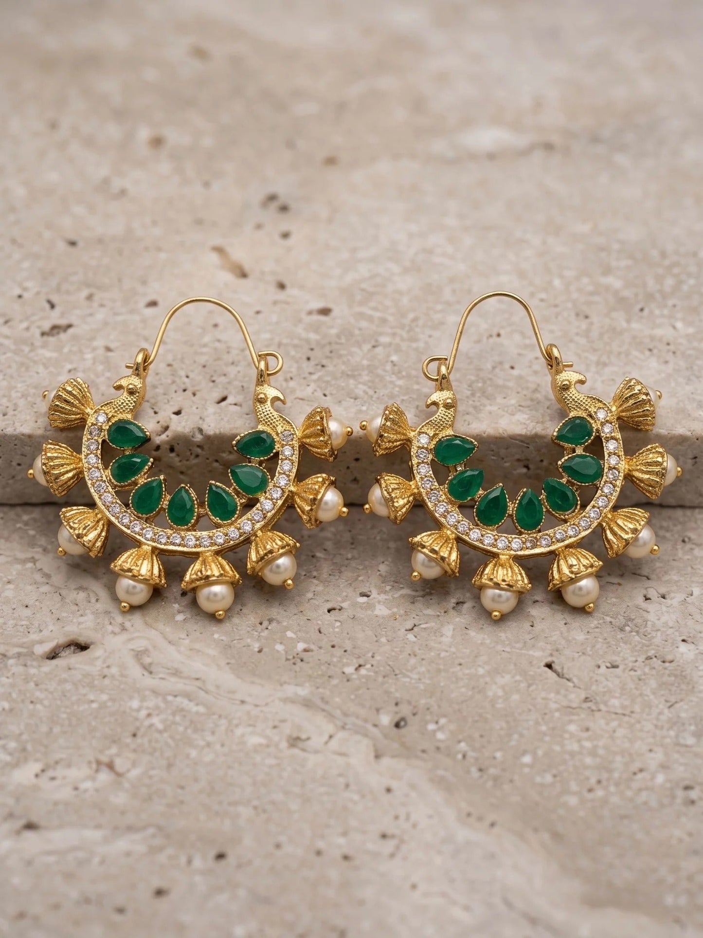 Golden white and Green-Orya Jewellery Pearl Zircon Earrings-Emerald Green E69