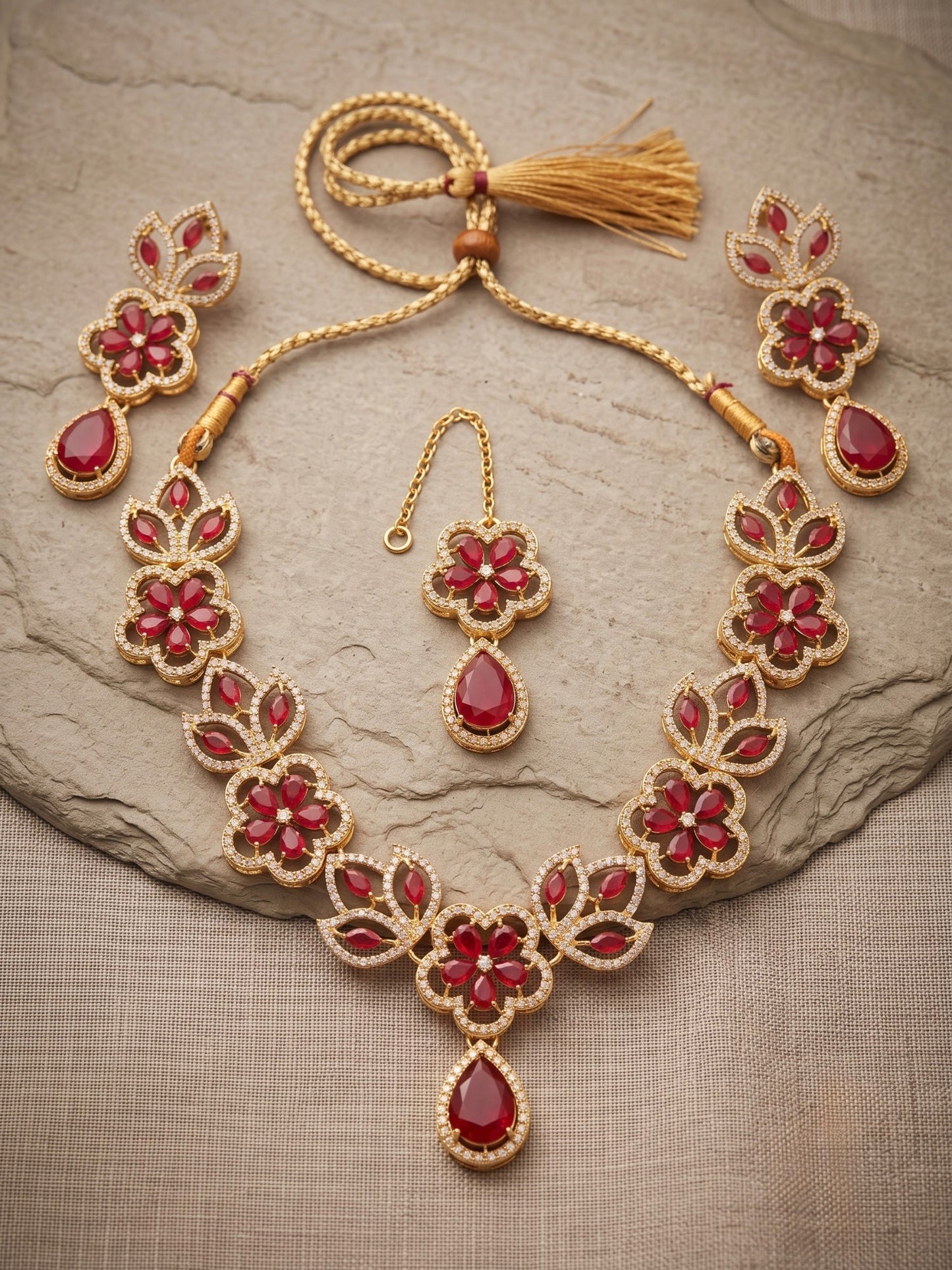 Orya Jewellery Zircon Flower Teardrop Jewellery Set-Ruby Red S23