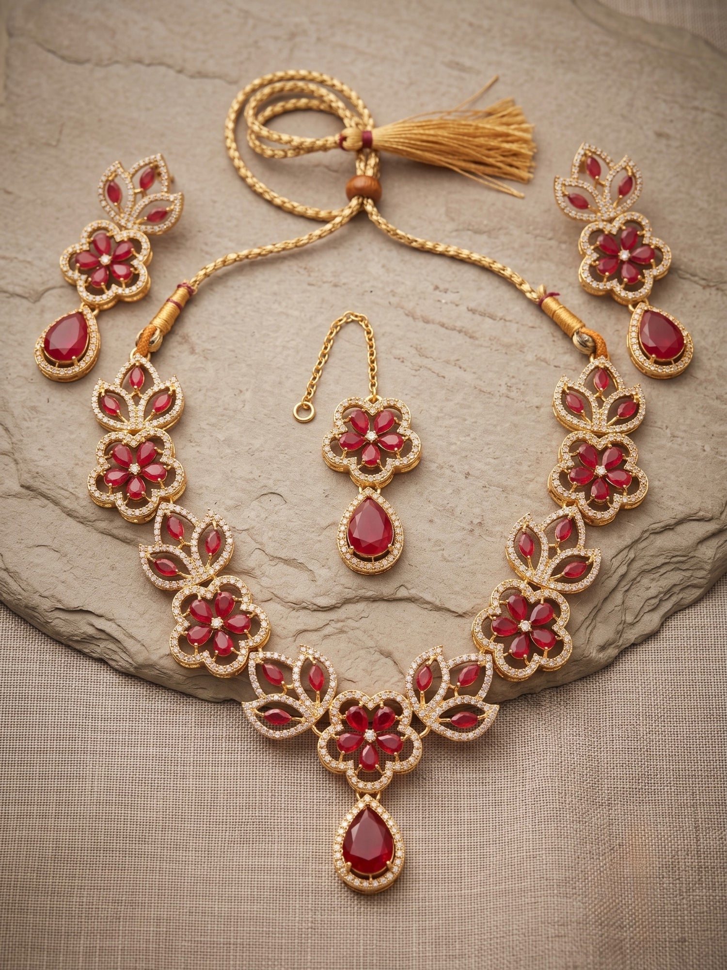 Orya Jewellery Zircon Flower Teardrop Jewellery Set-Ruby Red S23