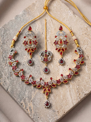 Orya Jewellery Zircon Flower Teardrop Jewellery Set Ruby Red S24