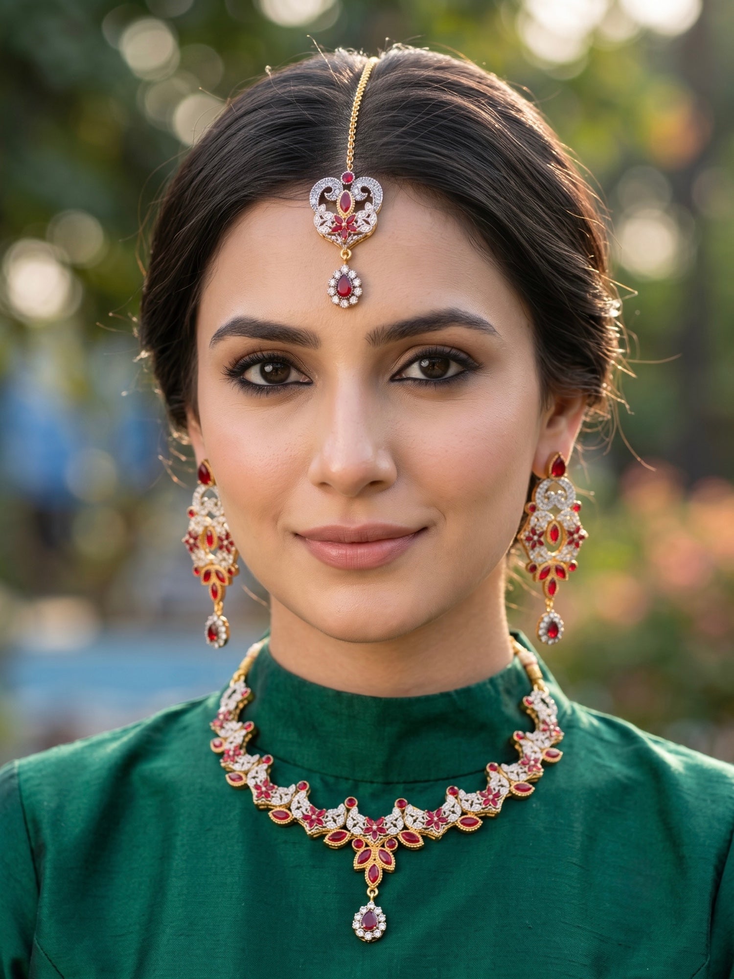 Orya Jewellery Zircon Flower Teardrop Jewellery Set-Ruby Red S24