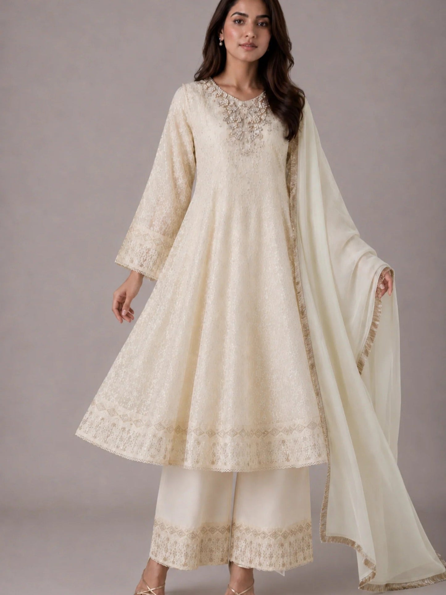 Ivory HEM Chiffon Embroidered Stitched 3-Piece Suit-Nayyaab