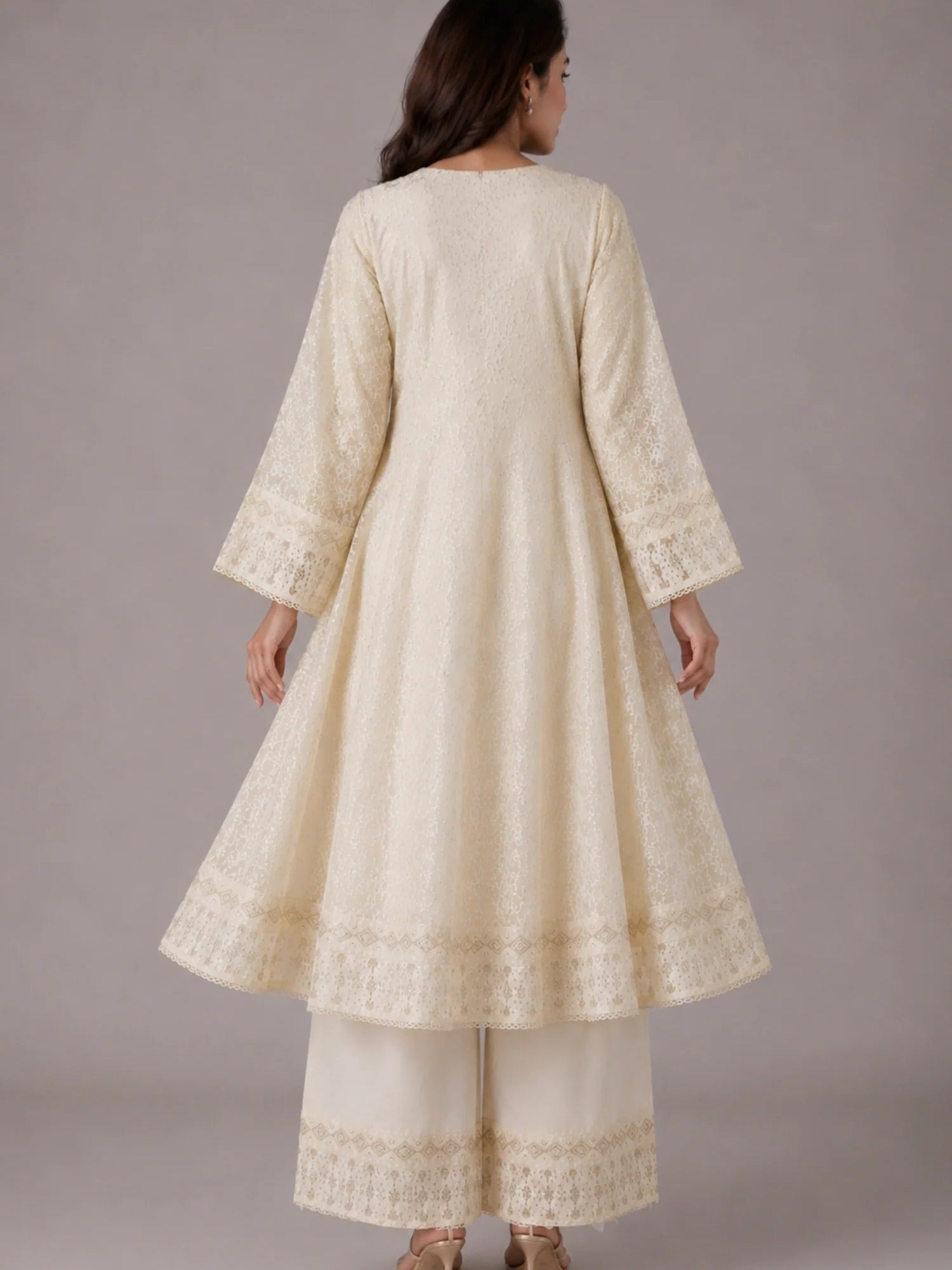 Ivory HEM Chiffon Embroidered Stitched 3-Piece Suit-Nayyaab