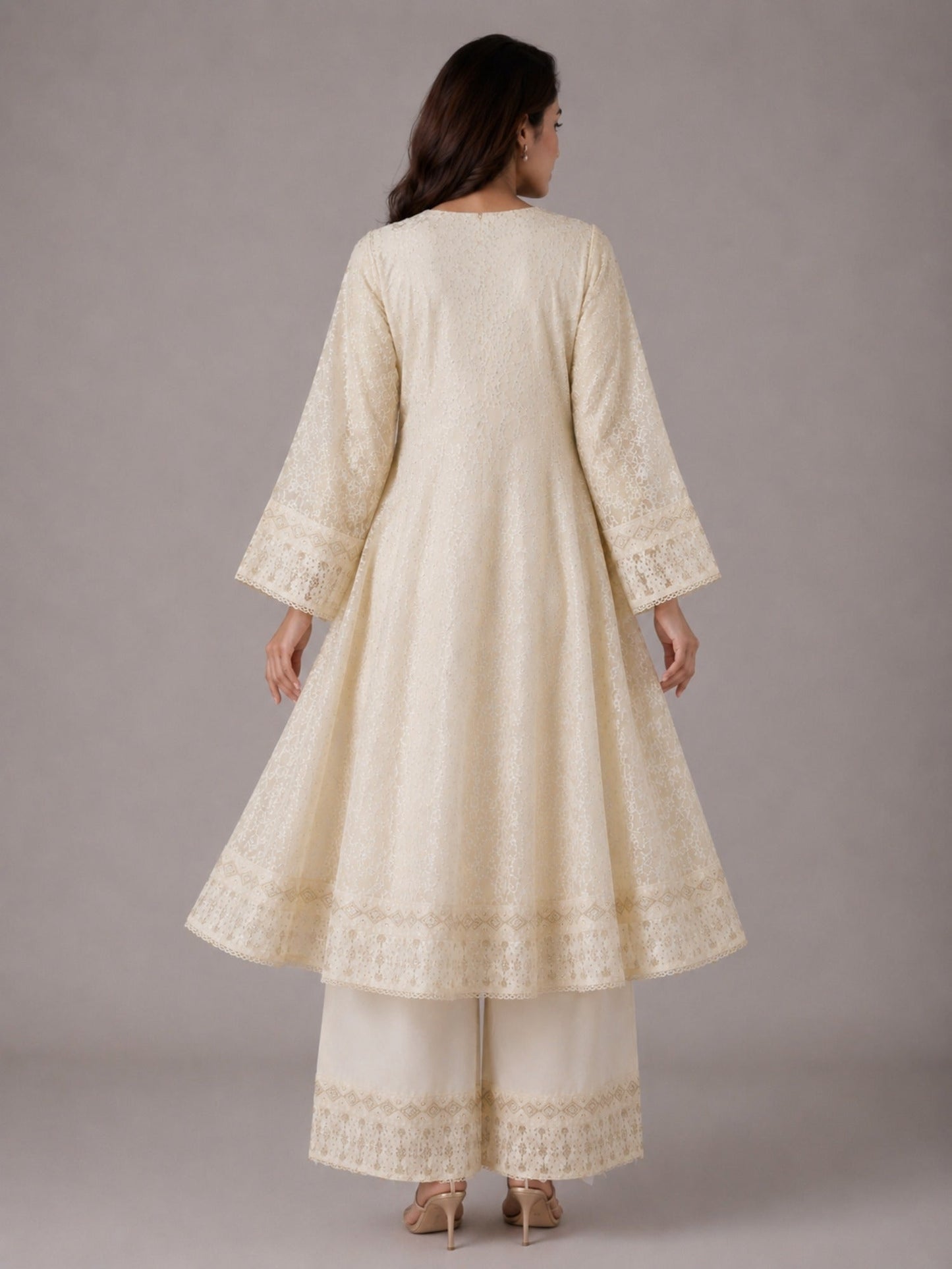 Ivory HEM Chiffon Embroidered Stitched 3-Piece Suit-Nayyaab