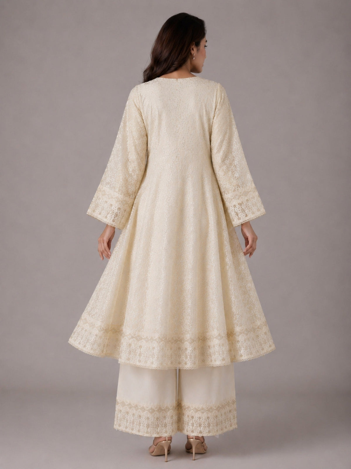 Ivory HEM Chiffon Embroidered Stitched 3-Piece Suit-Nayyaab