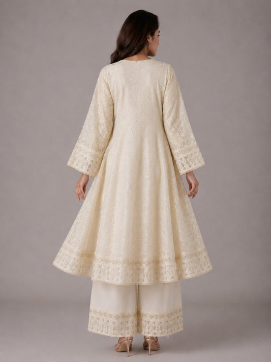Ivory HEM Chiffon Embroidered Stitched 3-Piece Suit-Nayyaab