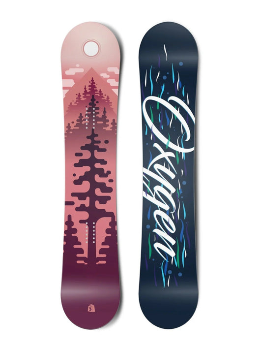 Top and bottom view of a snowboard. The top view shows a stylized scene of trees, mountains, sky and a sun in red colours. The bottom view has blue wavy lines in the background with the text "Oxygen" in a stylized script typeface.