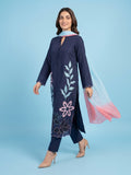 Blue Duas Boutique Linen Embroidered Stitched 3-Piece Suit-Aab-e-neel