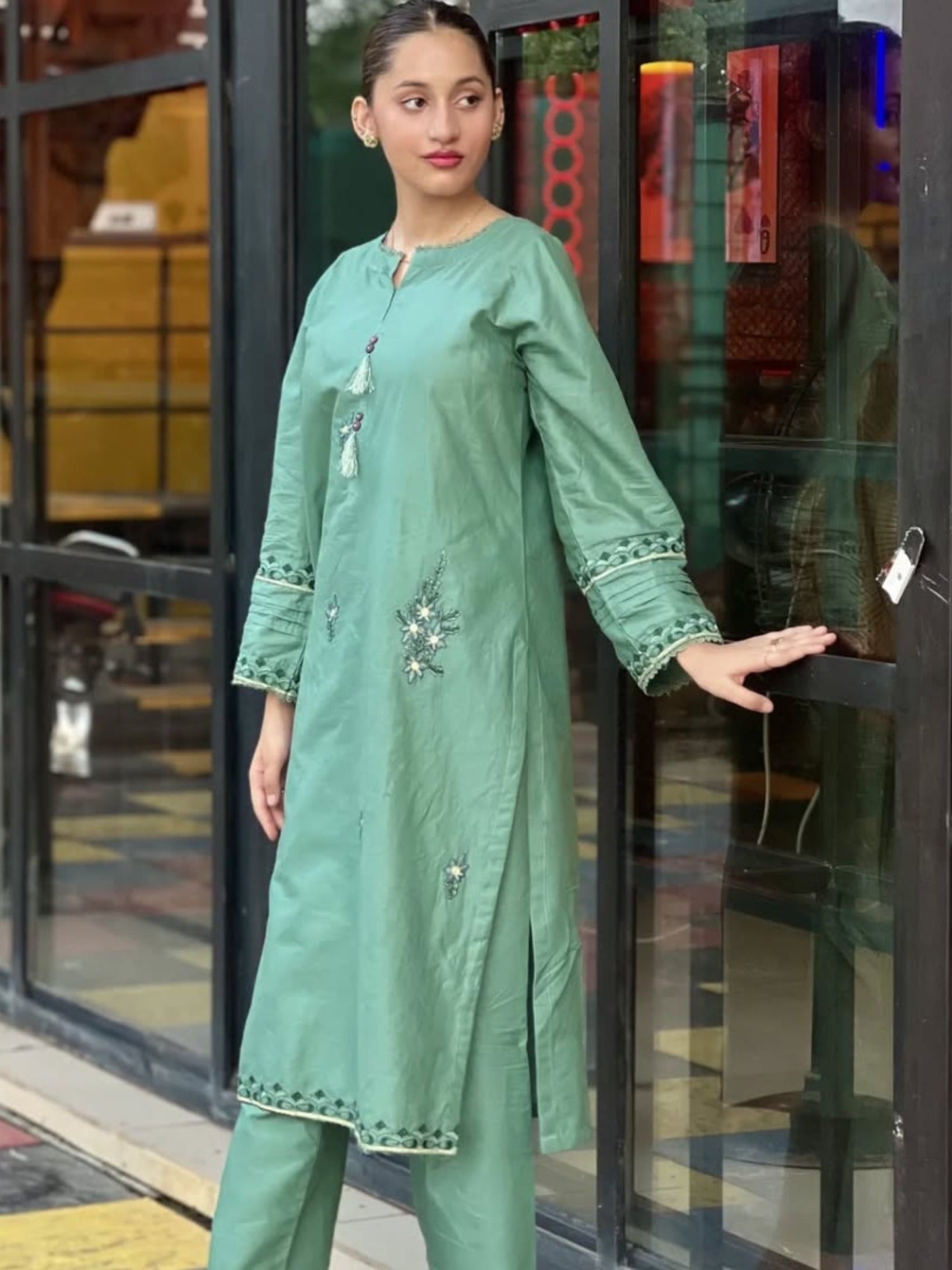 Green Silai Libas Linen Embroidered Stitched 2-Piece Suit-Noor-E-Sehar