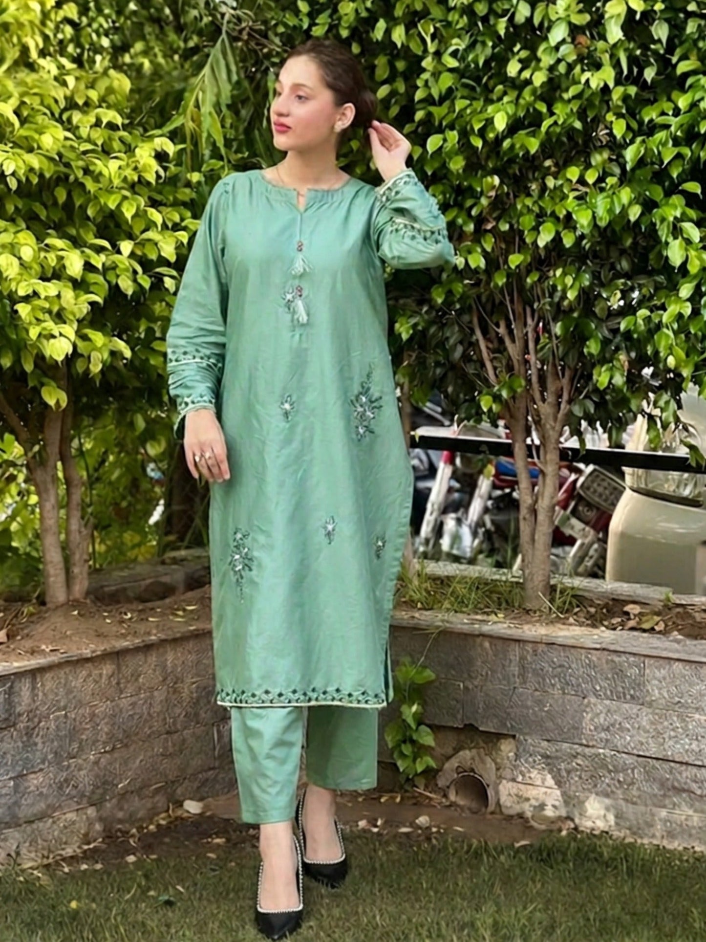 Green Silai Libas Linen Embroidered Stitched 2-Piece Suit-Noor-E-Sehar