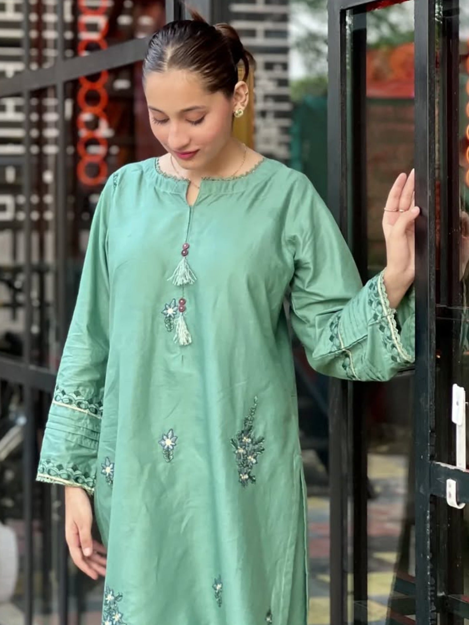Green Silai Libas Linen Embroidered Stitched 2-Piece Suit-Noor-E-Sehar