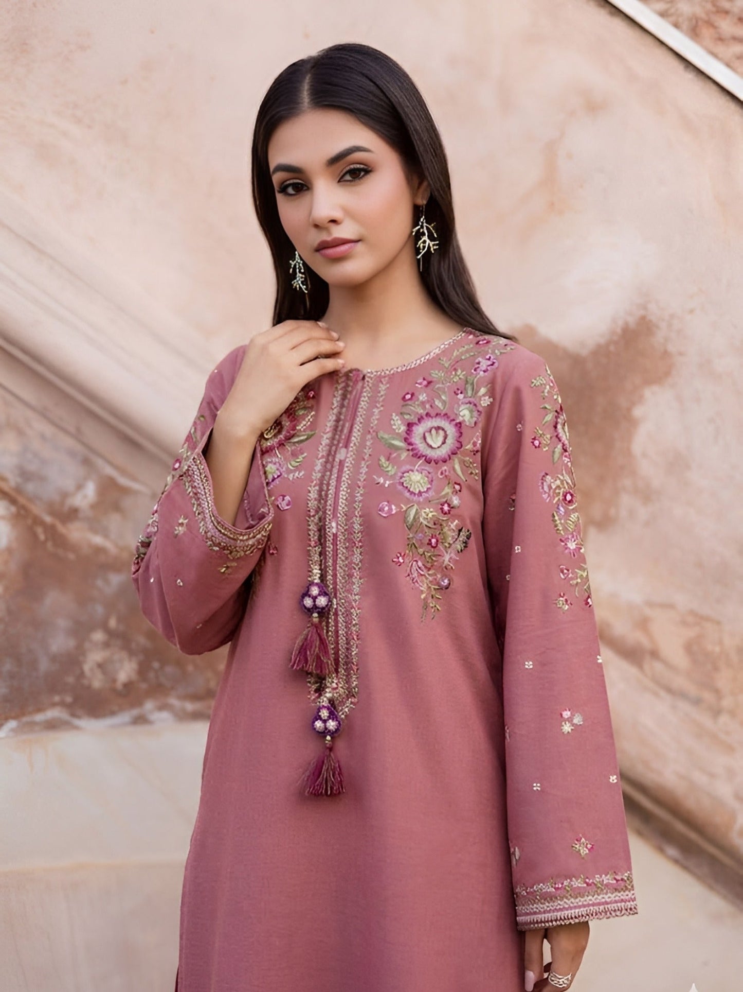 Pink Silai Libas Linen Embroidered Stitched 2-Piece Suit-Noorie