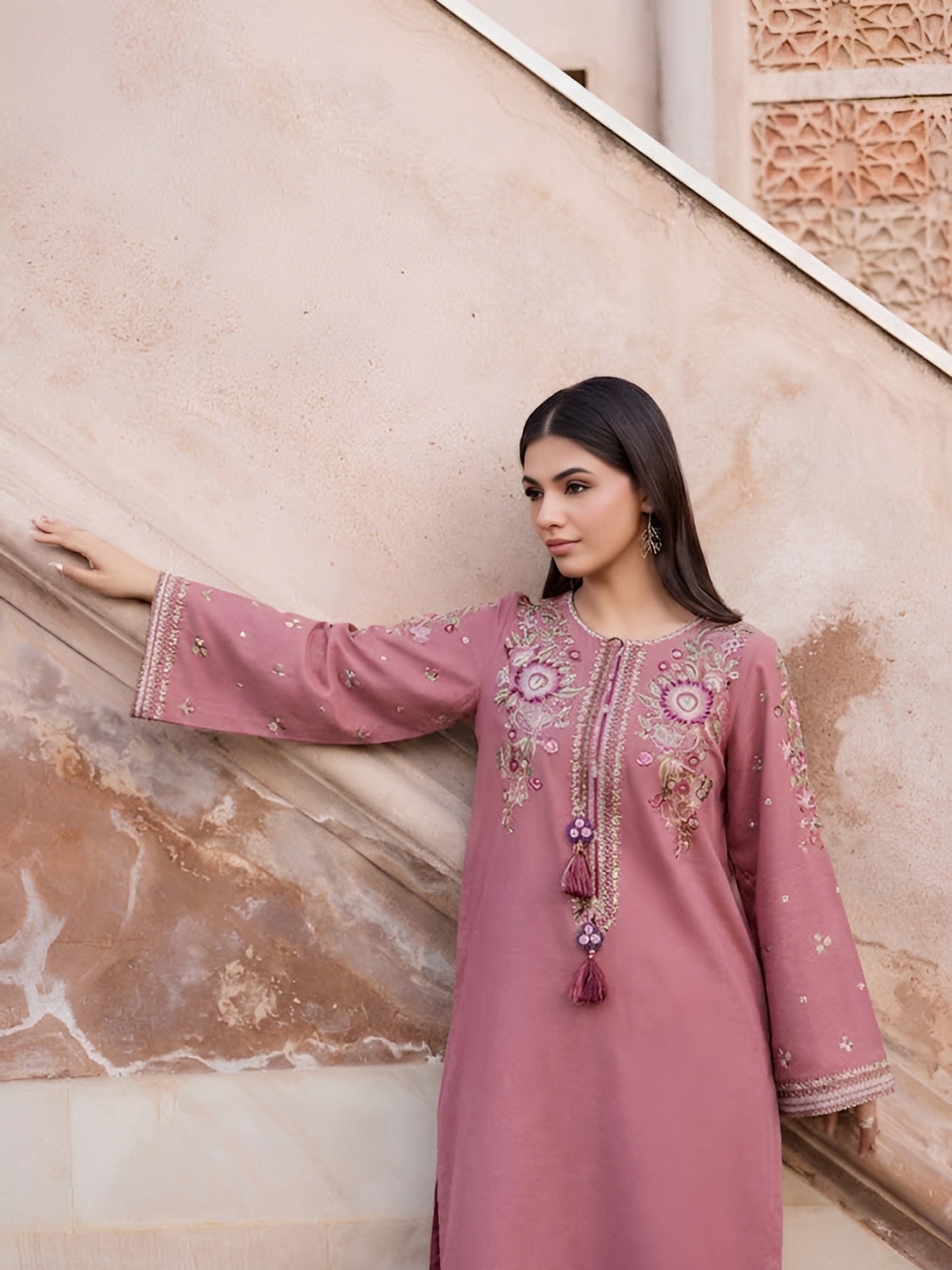 Pink Silai Libas Linen Embroidered Stitched 2-Piece Suit-Noorie