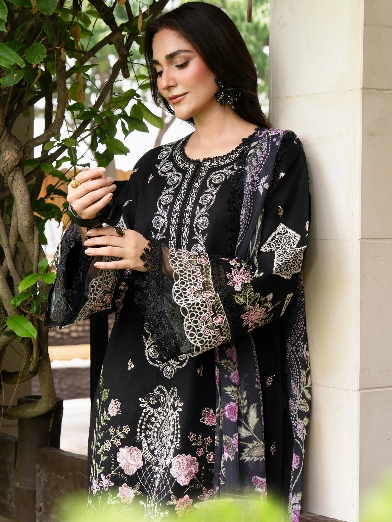 Black-Chandan Nagri Lawn Cotton Embroidered Stitched 3-Piece Suit-Zara Mist 
