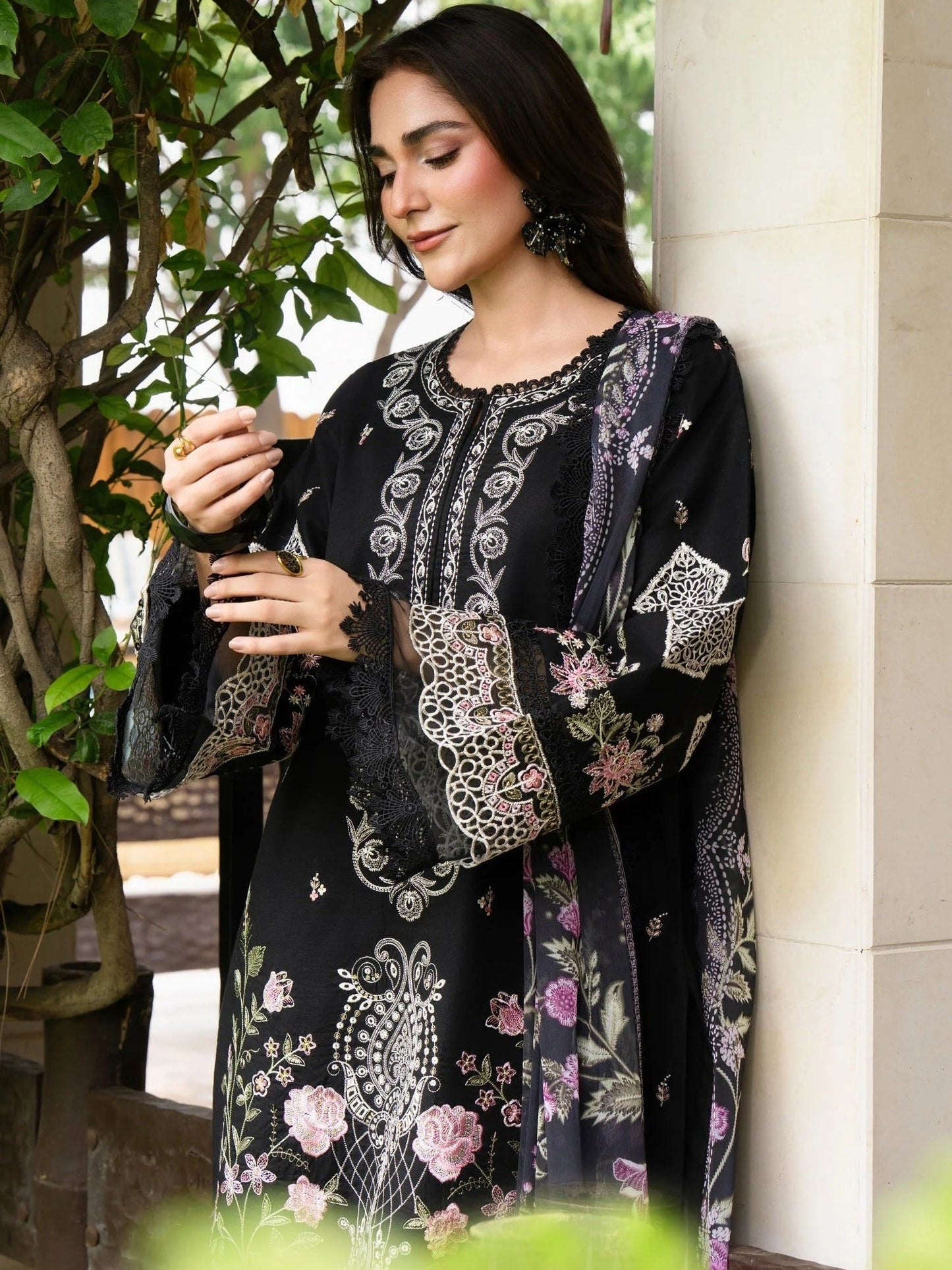 Black-Chandan Nagri Lawn Cotton Embroidered Stitched 3-Piece Suit-Zara Mist 