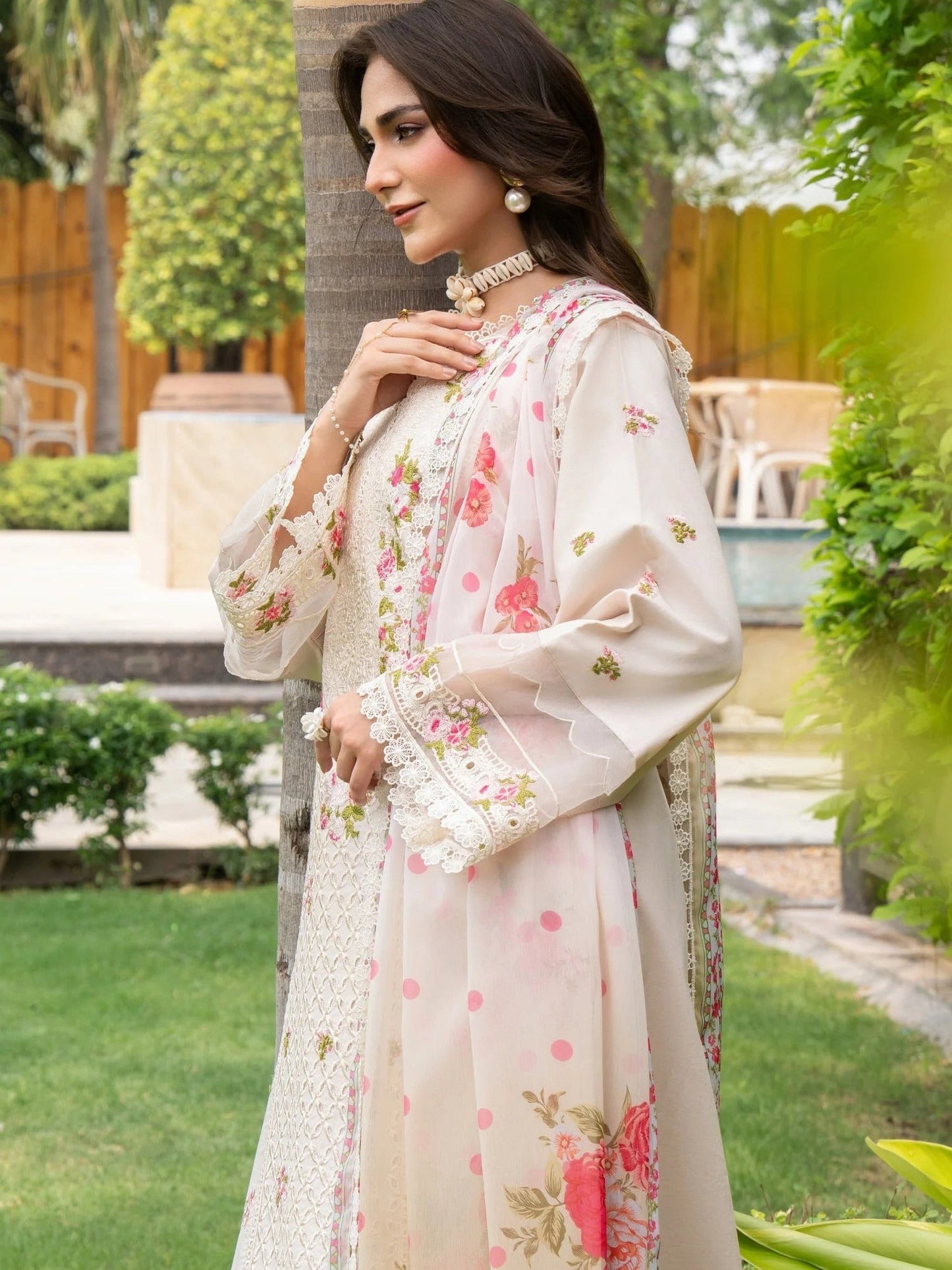 White Chandan Nagri Lawn Cotton Embroidered Stitched 3-Piece Suit-Floral Jade