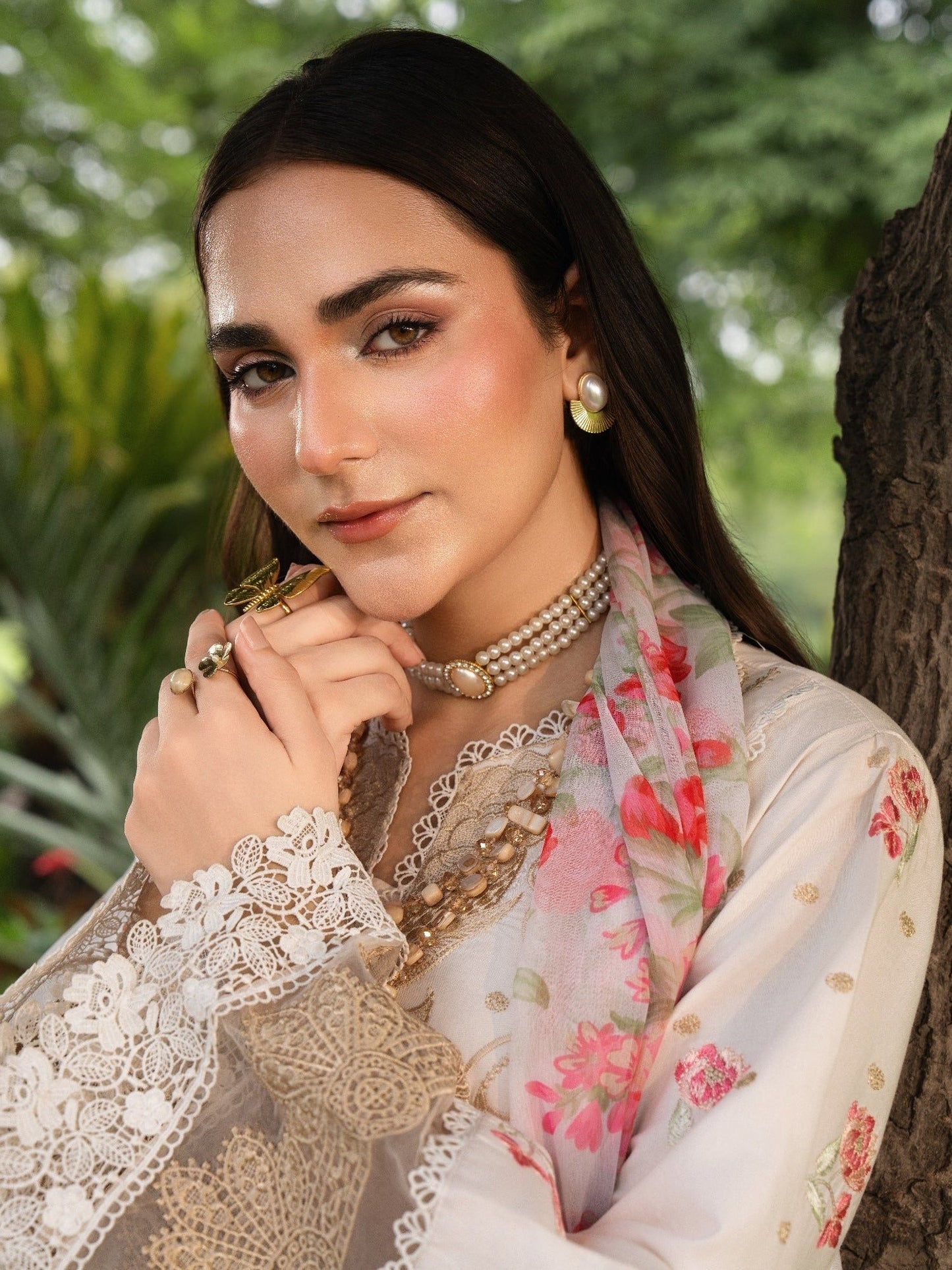 White and Pink-Chandan Nagri Lawn Cotton Embroidered Stitched 3-Piece Suit-Rumie Voil