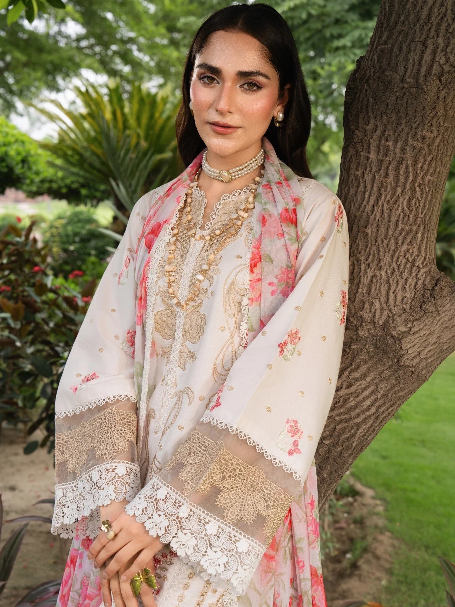 White and Pink-Chandan Nagri Lawn Cotton Embroidered Stitched 3-Piece Suit-Rumie Voil