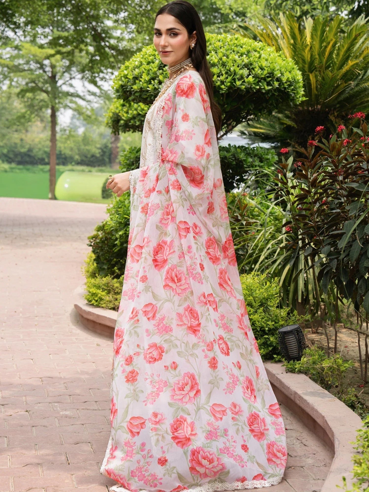 White and Pink-Chandan Nagri Lawn Cotton Embroidered Stitched 3-Piece Suit-Rumie Voil