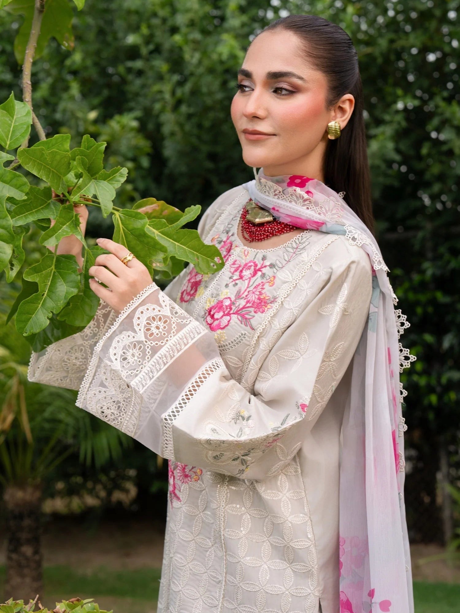 white-Chandan Nagri Lawn Cotton Embroidered Stitched 3-Piece Suit-Aura Spring