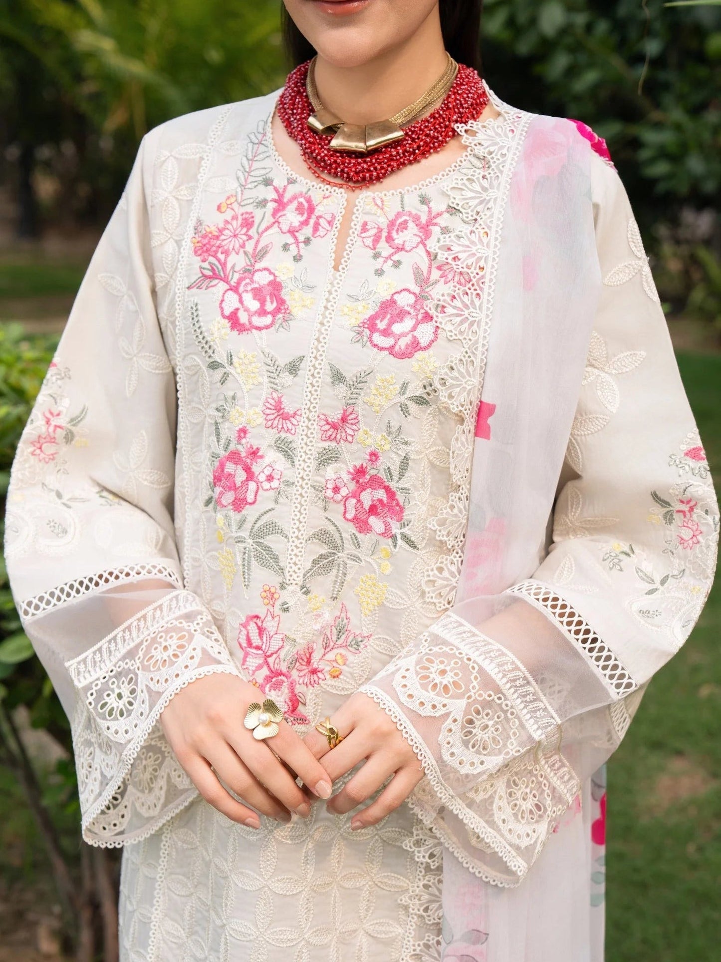 white-Chandan Nagri Lawn Cotton Embroidered Stitched 3-Piece Suit-Aura Spring
