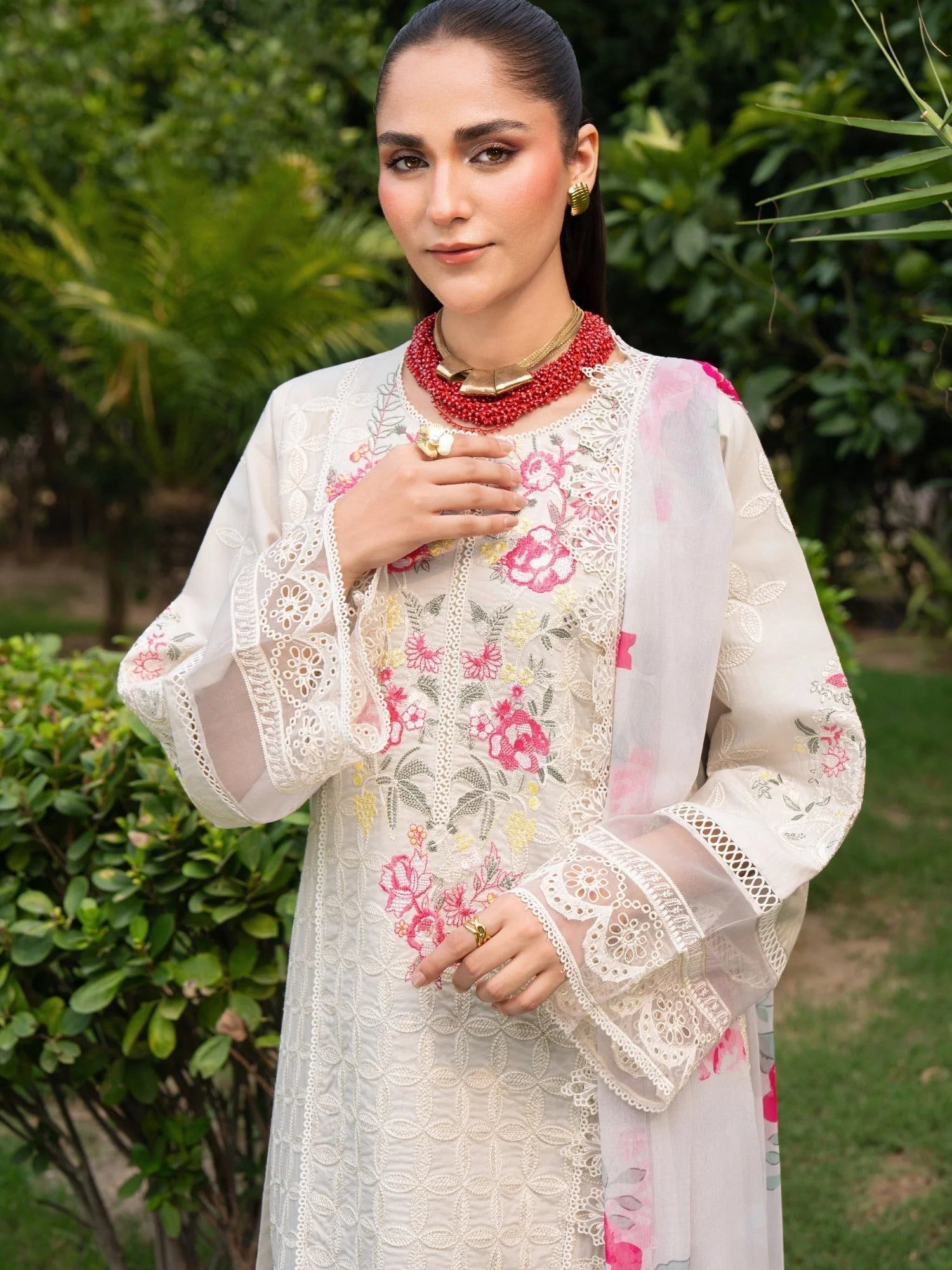 white-Chandan Nagri Lawn Cotton Embroidered Stitched 3-Piece Suit-Aura Spring