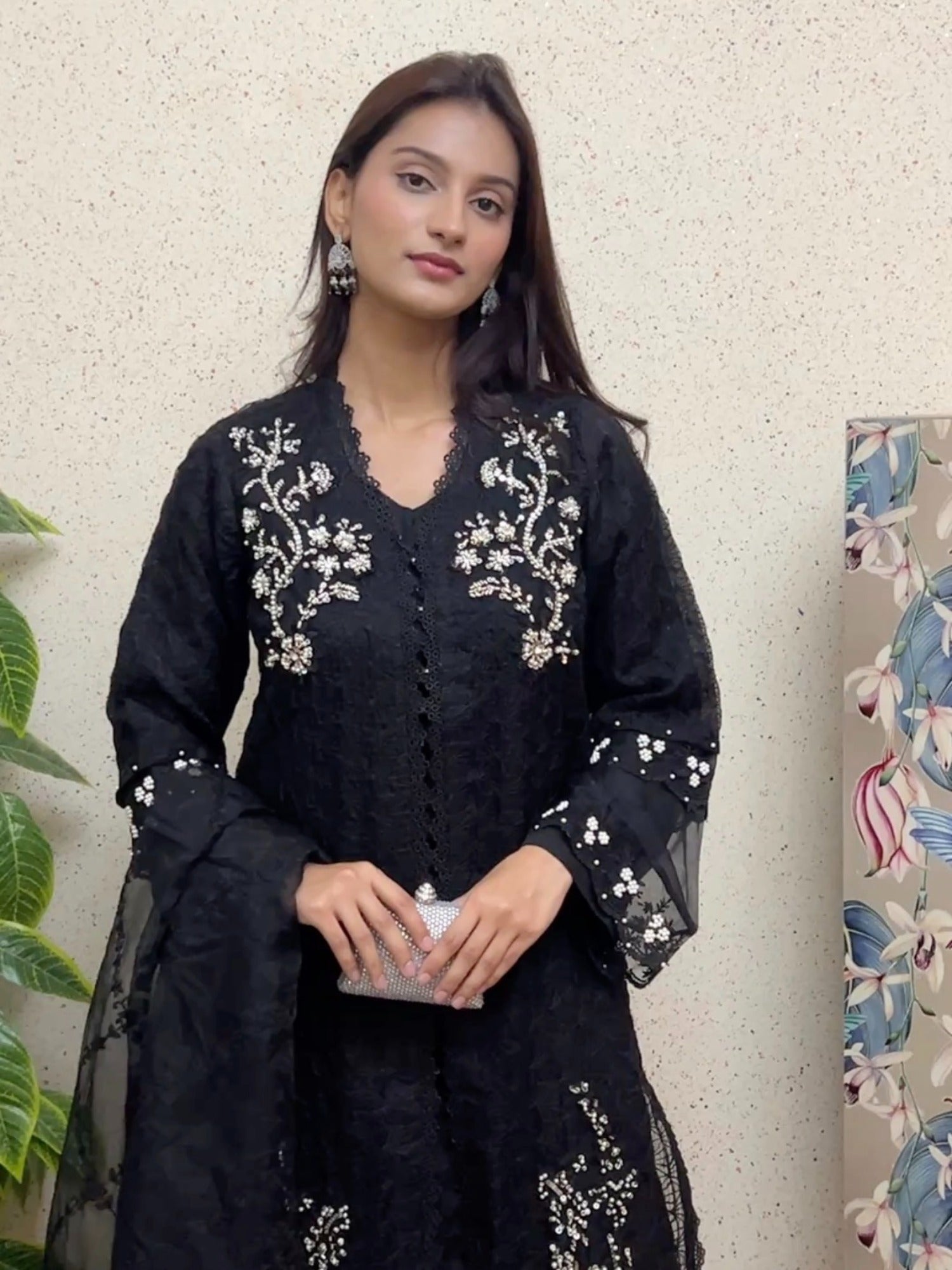 Black Manahil Arts Organza Embellished Stitched 4-Piece Suit-181-Black