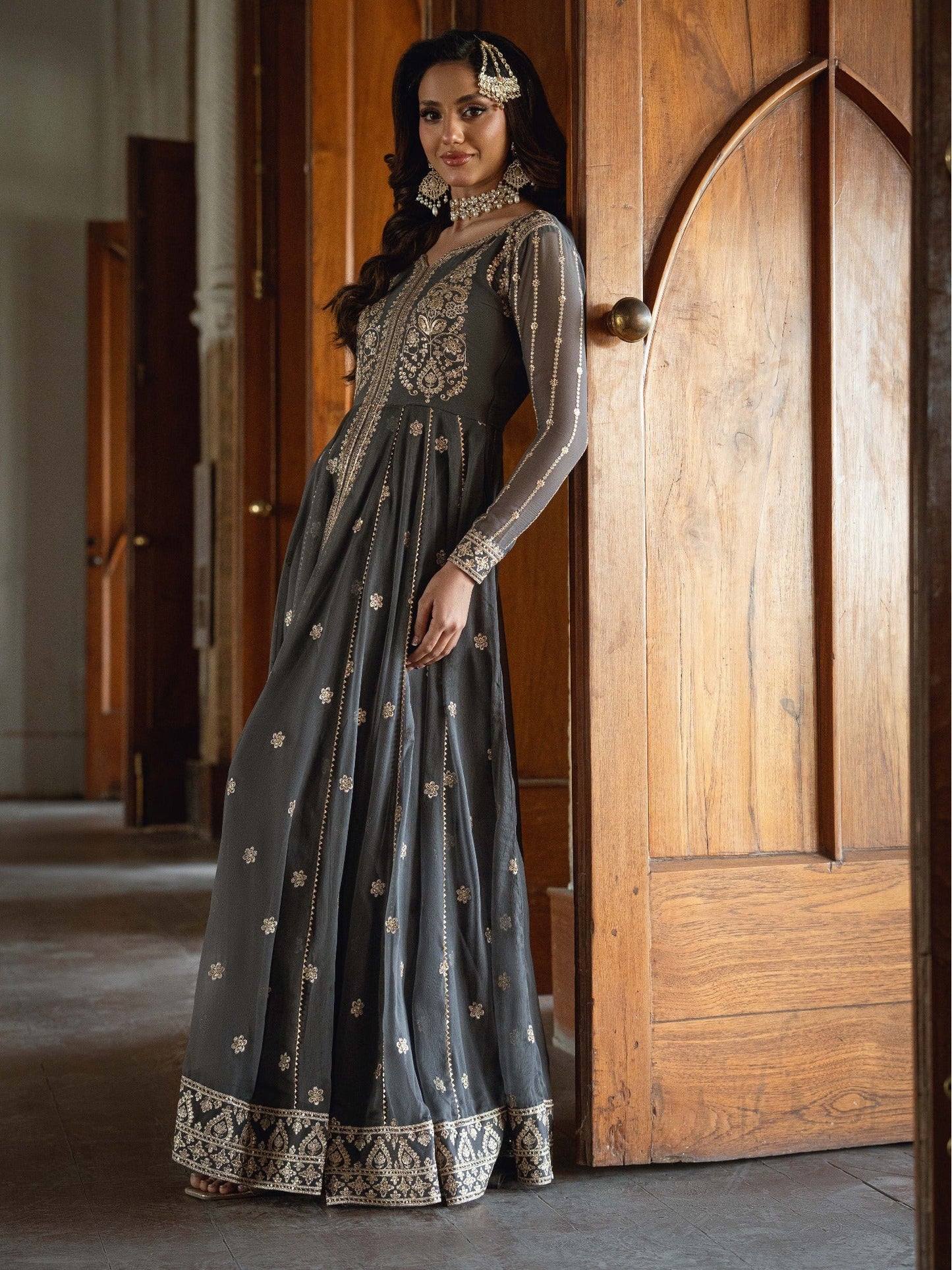 Grey-Hani & Umaima Pure Chiffon Embroidered Pishwas-Myera