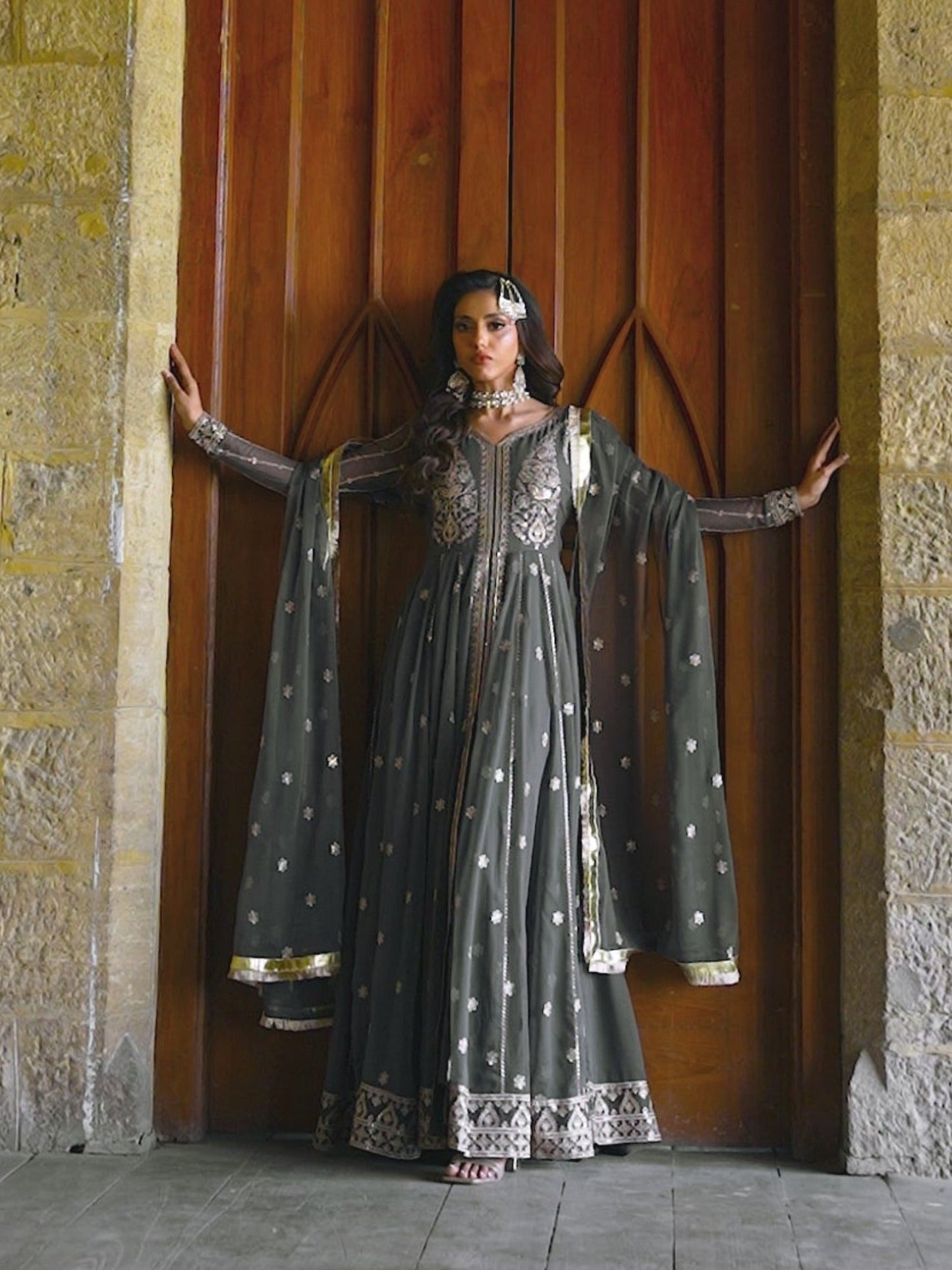 Grey-Hani & Umaima Pure Chiffon Embroidered Pishwas-Myera