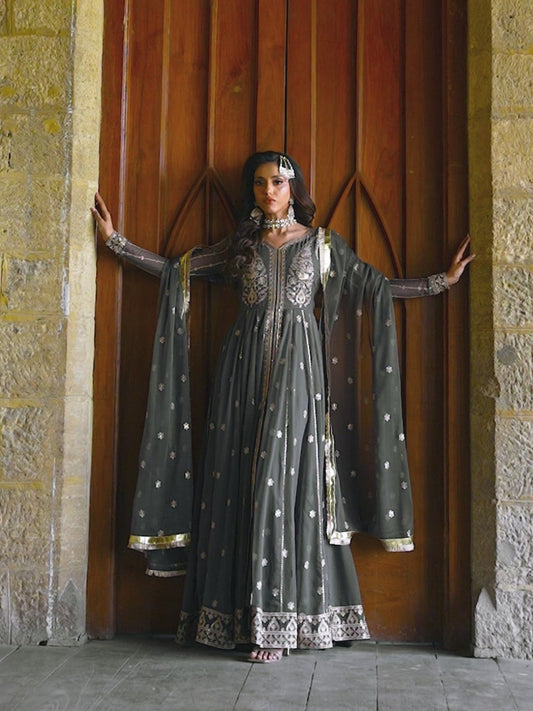Grey-Hani & Umaima Pure Chiffon Embroidered Pishwas-Myera