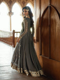 Grey-Hani & Umaima Pure Chiffon Embroidered Pishwas-Myera