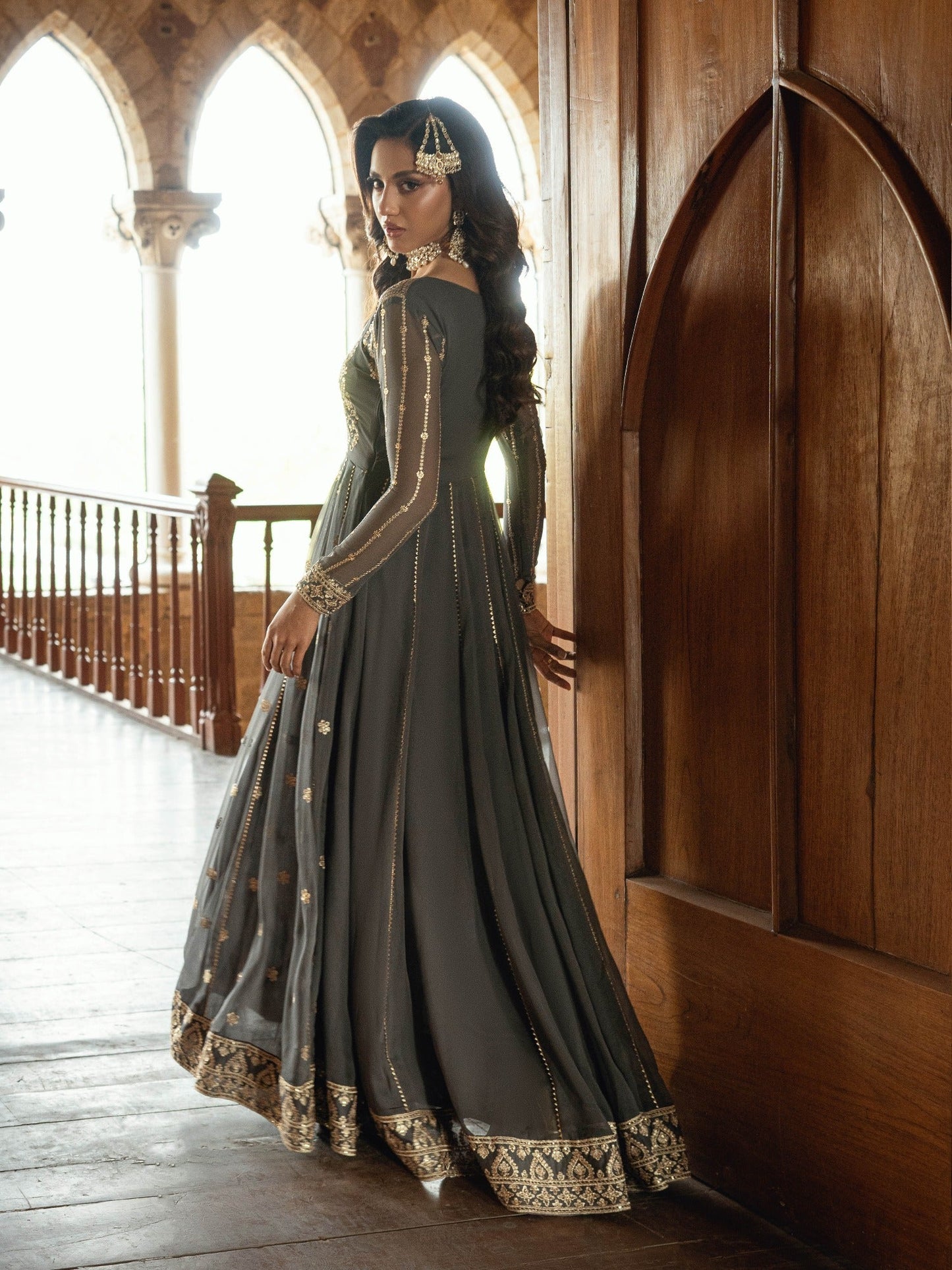 Grey-Hani & Umaima Pure Chiffon Embroidered Pishwas-Myera