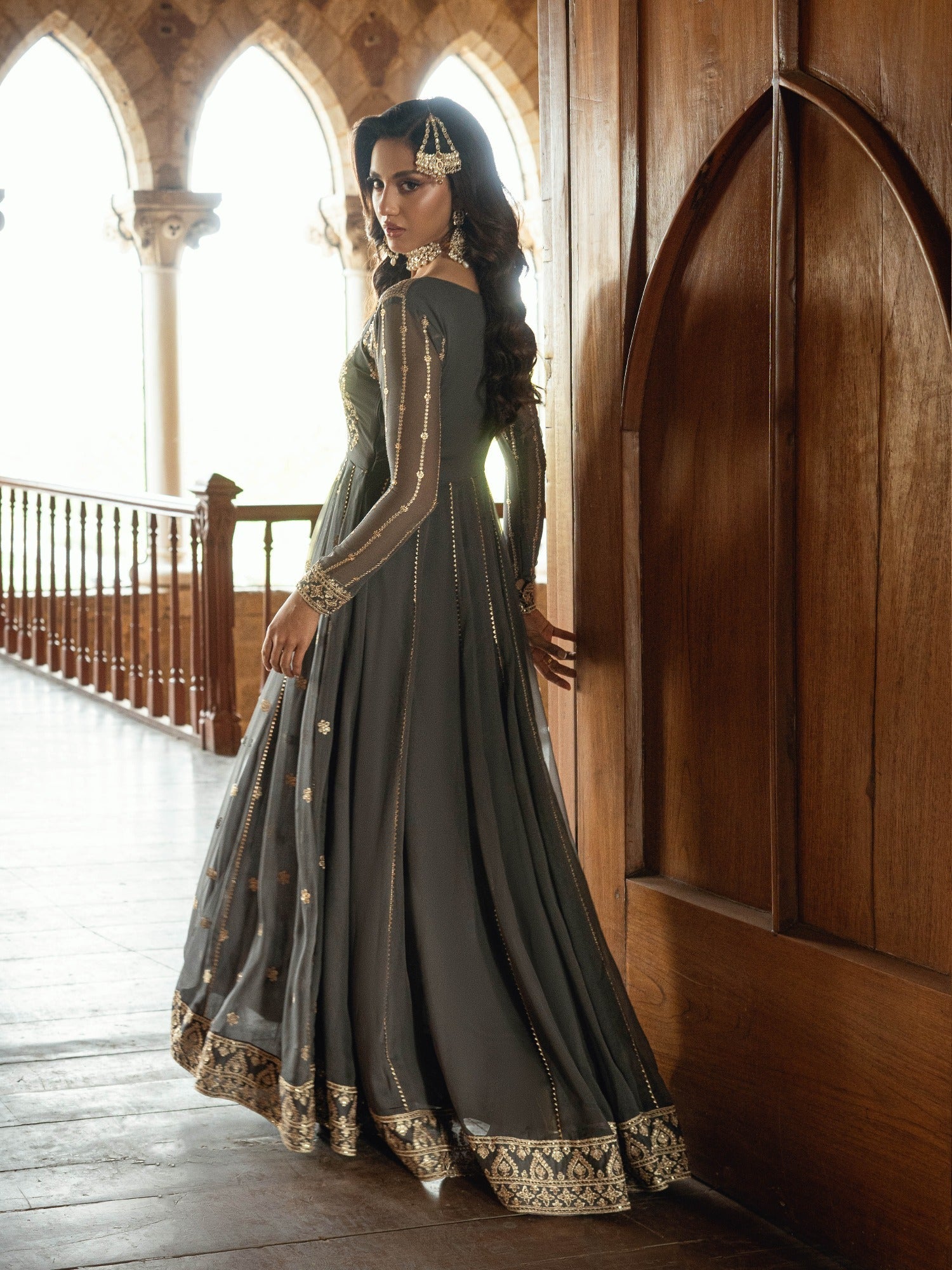 Grey-Hani & Umaima Pure Chiffon Embroidered Pishwas-Myera