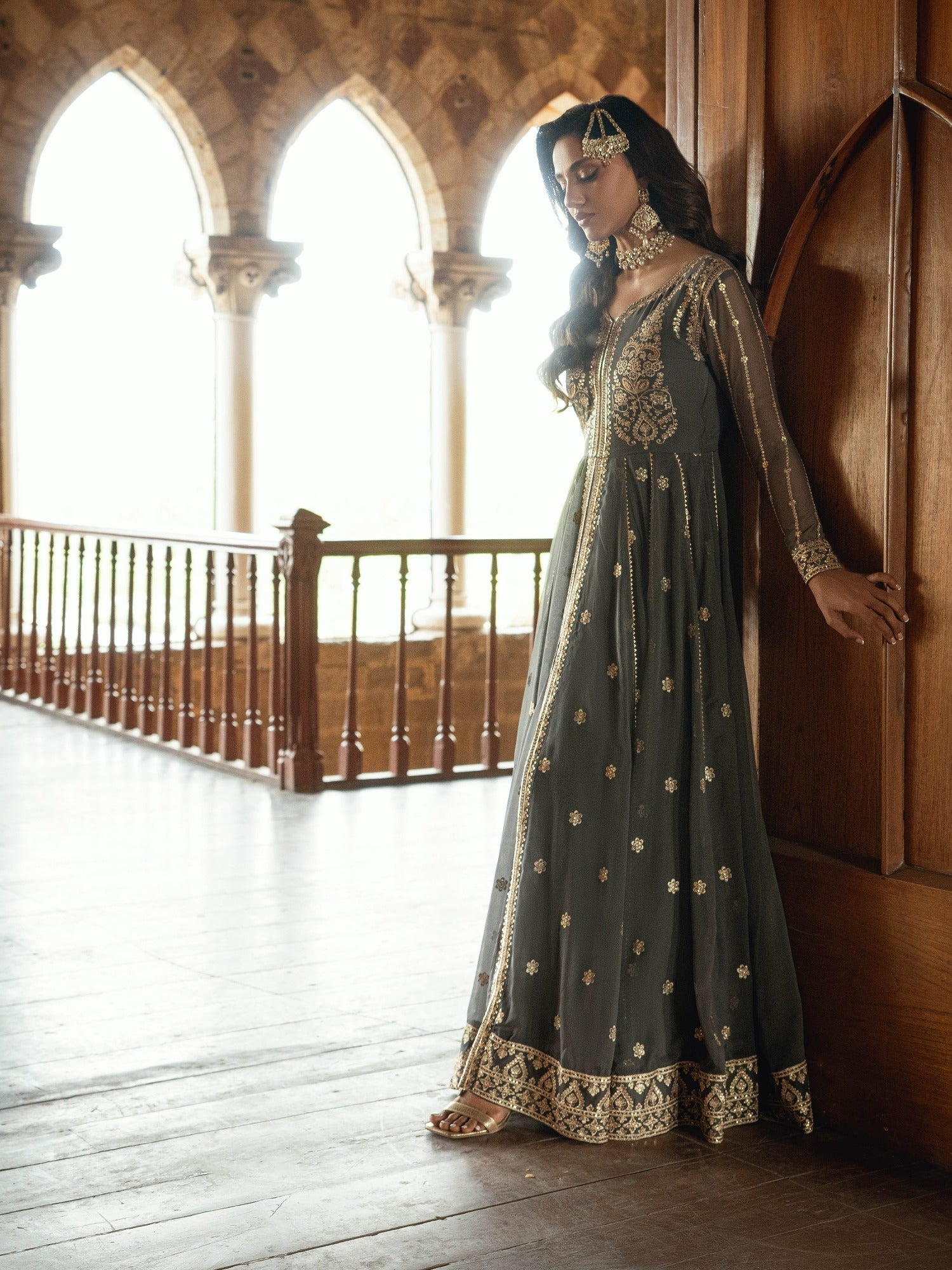 Grey-Hani & Umaima Pure Chiffon Embroidered Pishwas-Myera