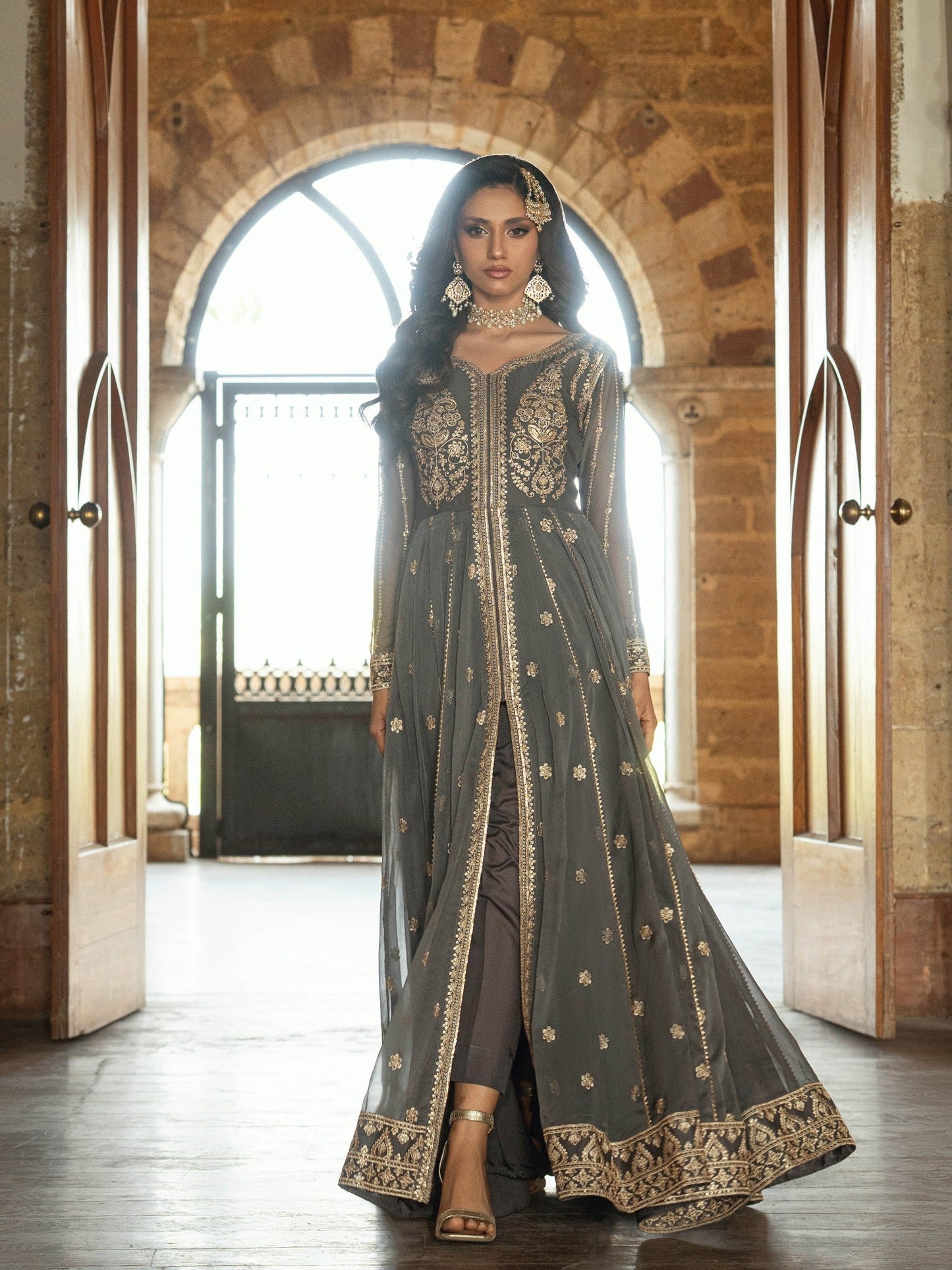 Grey-Hani & Umaima Pure Chiffon Embroidered Pishwas-Myera